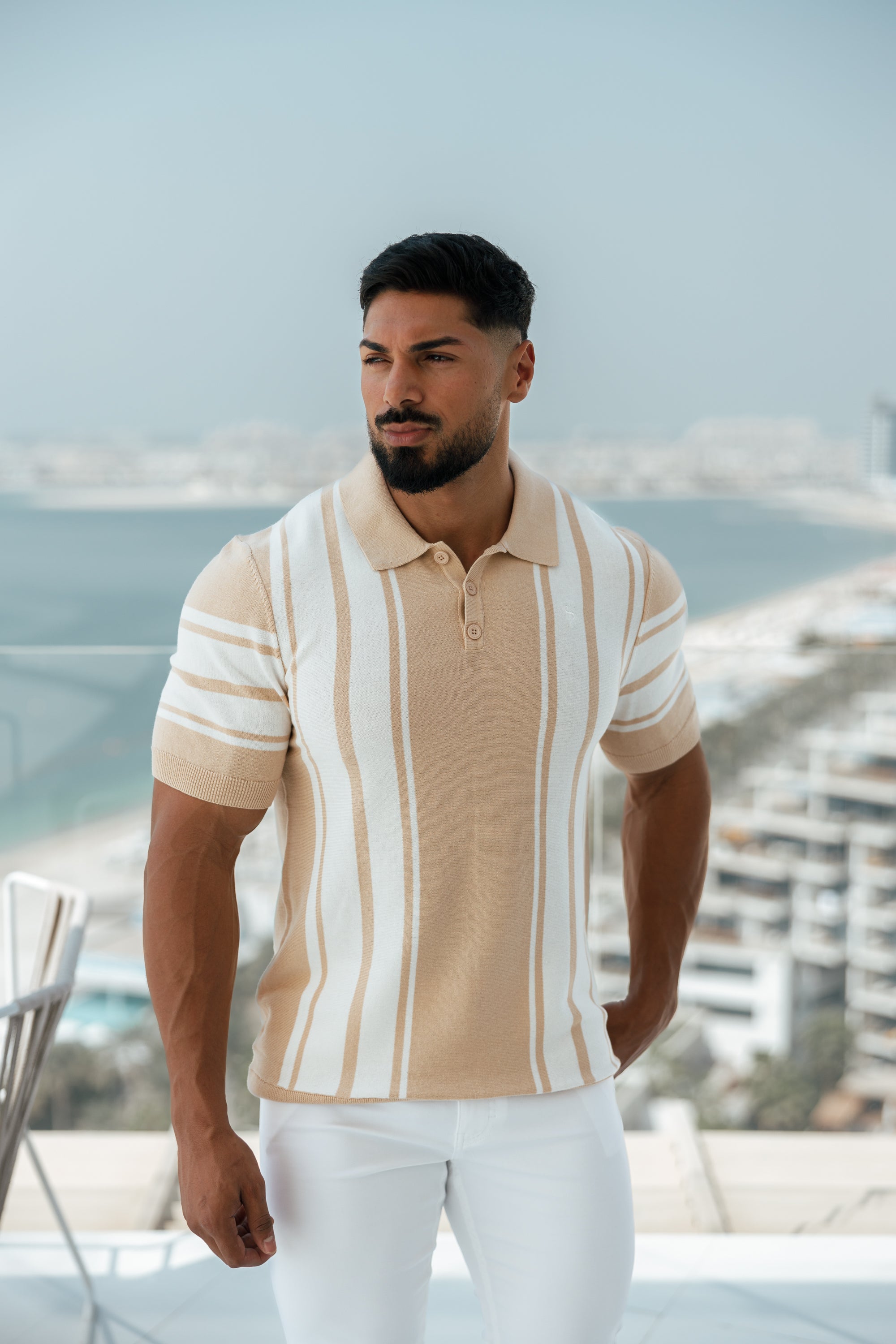 Classic Beige / Off White Knitted Vertical Stripe Polo Short Sleeve - FSN107