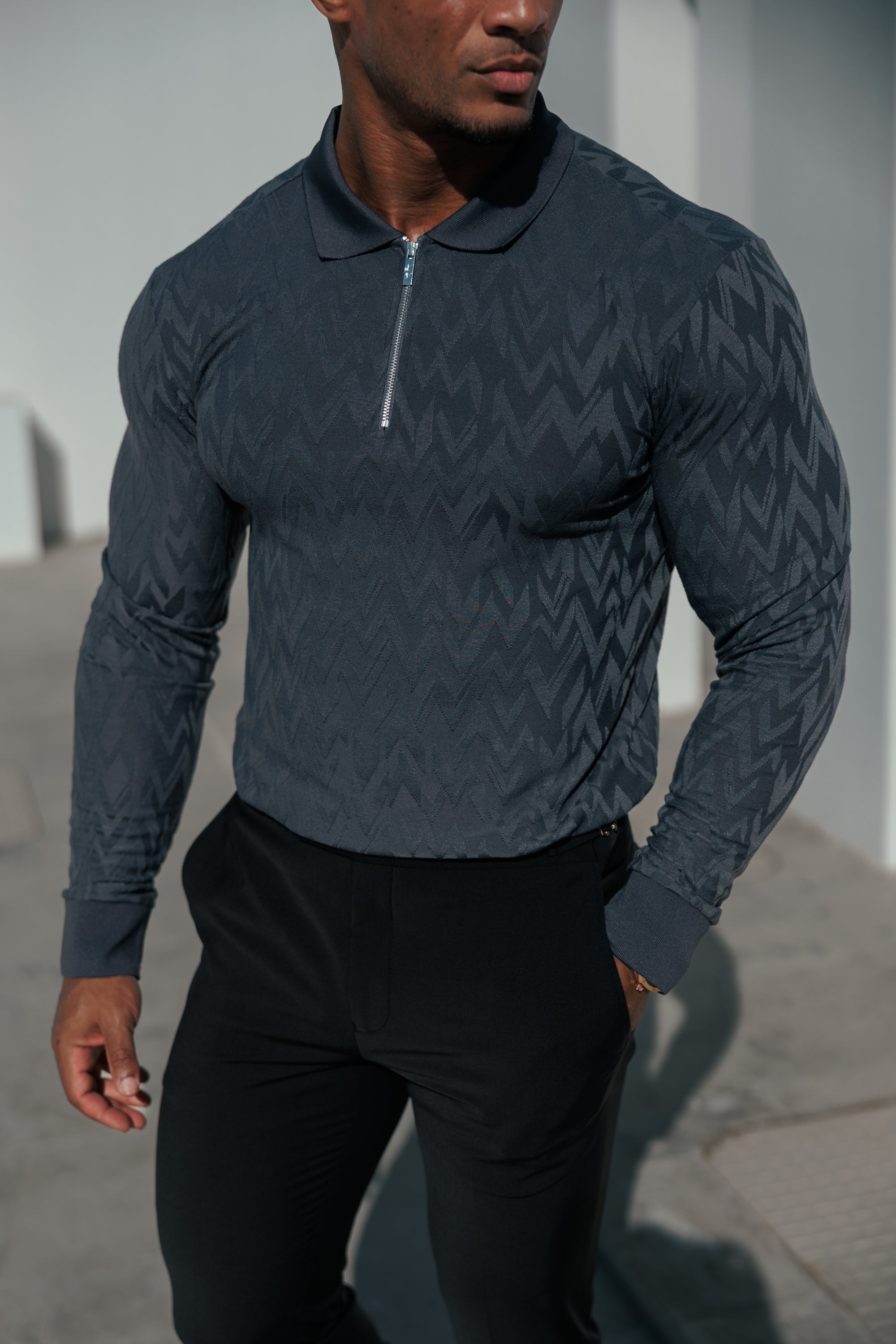 Classic Jacquard Charcoal Chevron Zipped Polo Long Sleeve - FSR044