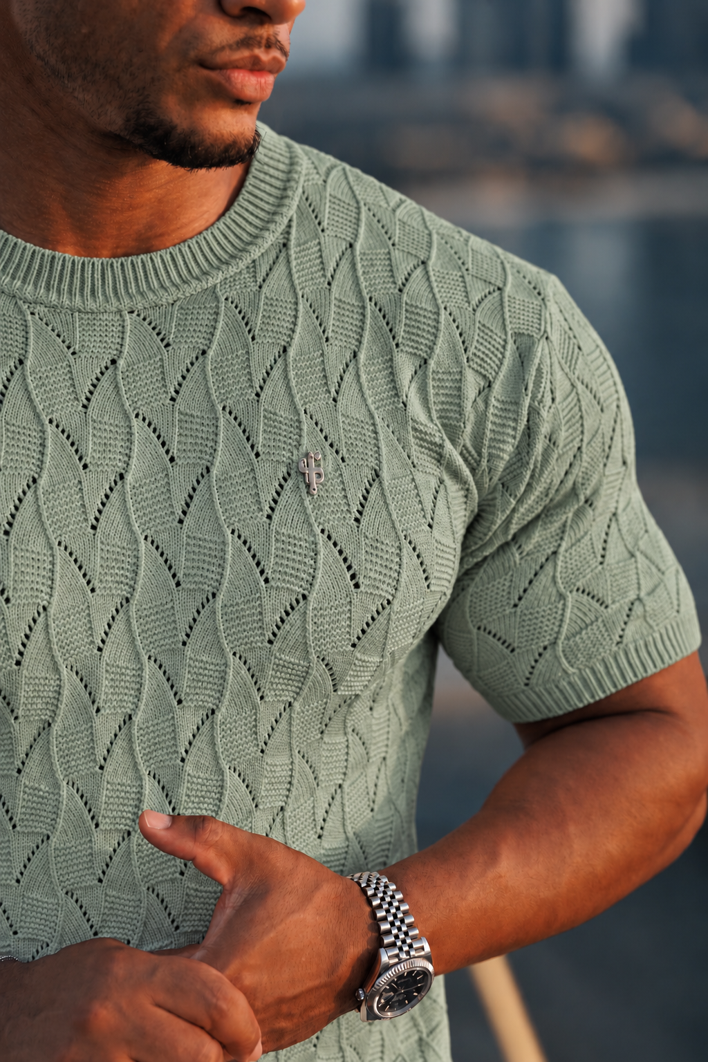 Sage Wave Weave Knit Short Sleeve Sleeve T-Shirt - FSJ174