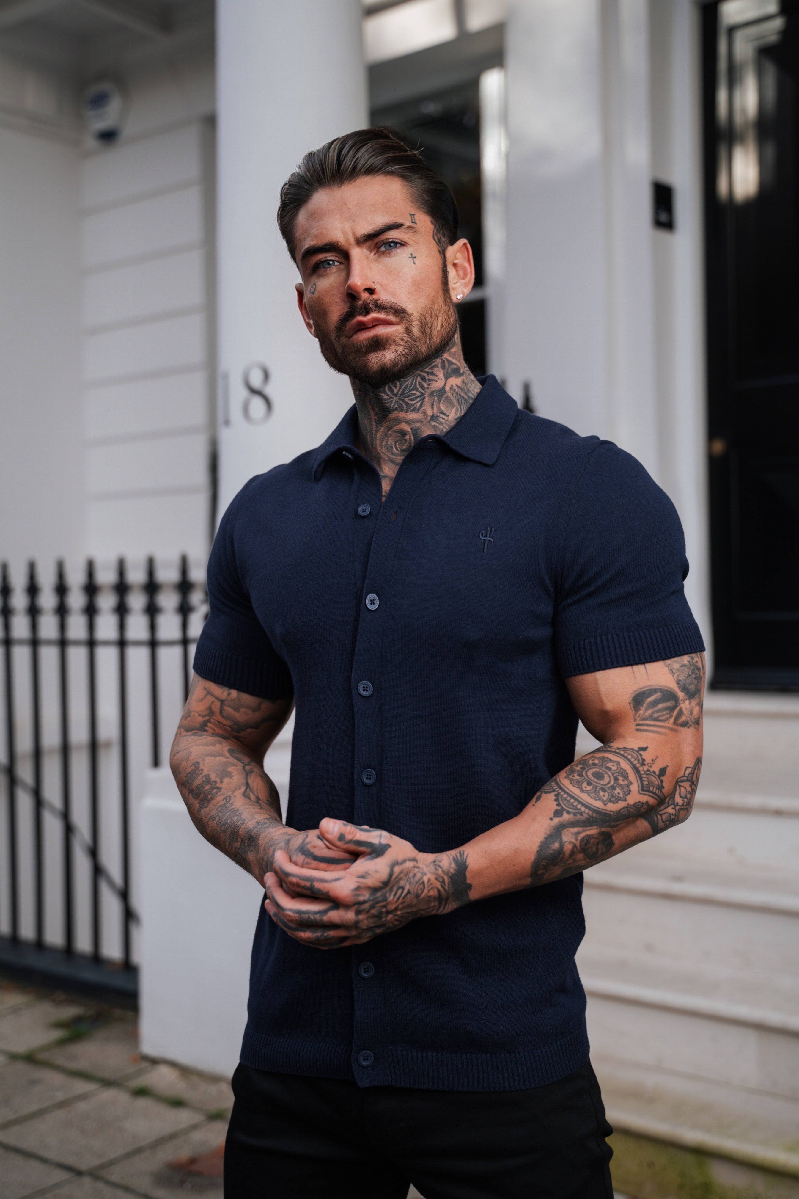 Classic Plain Navy Knitted Button Through Polo Short Sleeve - FSN103
