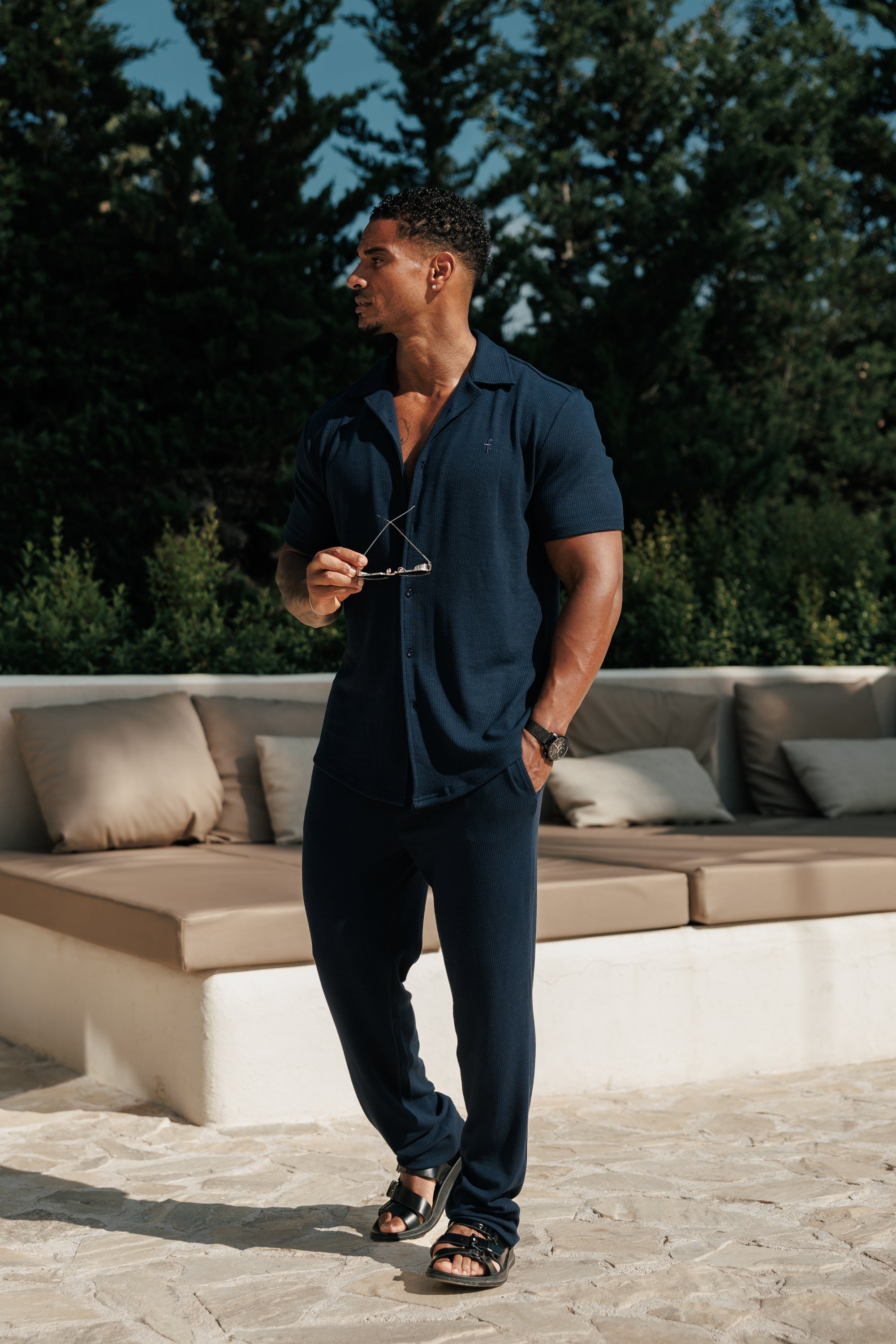 Jersey Cord Stretch Navy Revere Shirt Short Sleeve - FSR071 (PRE ORDER 18TH JULY)