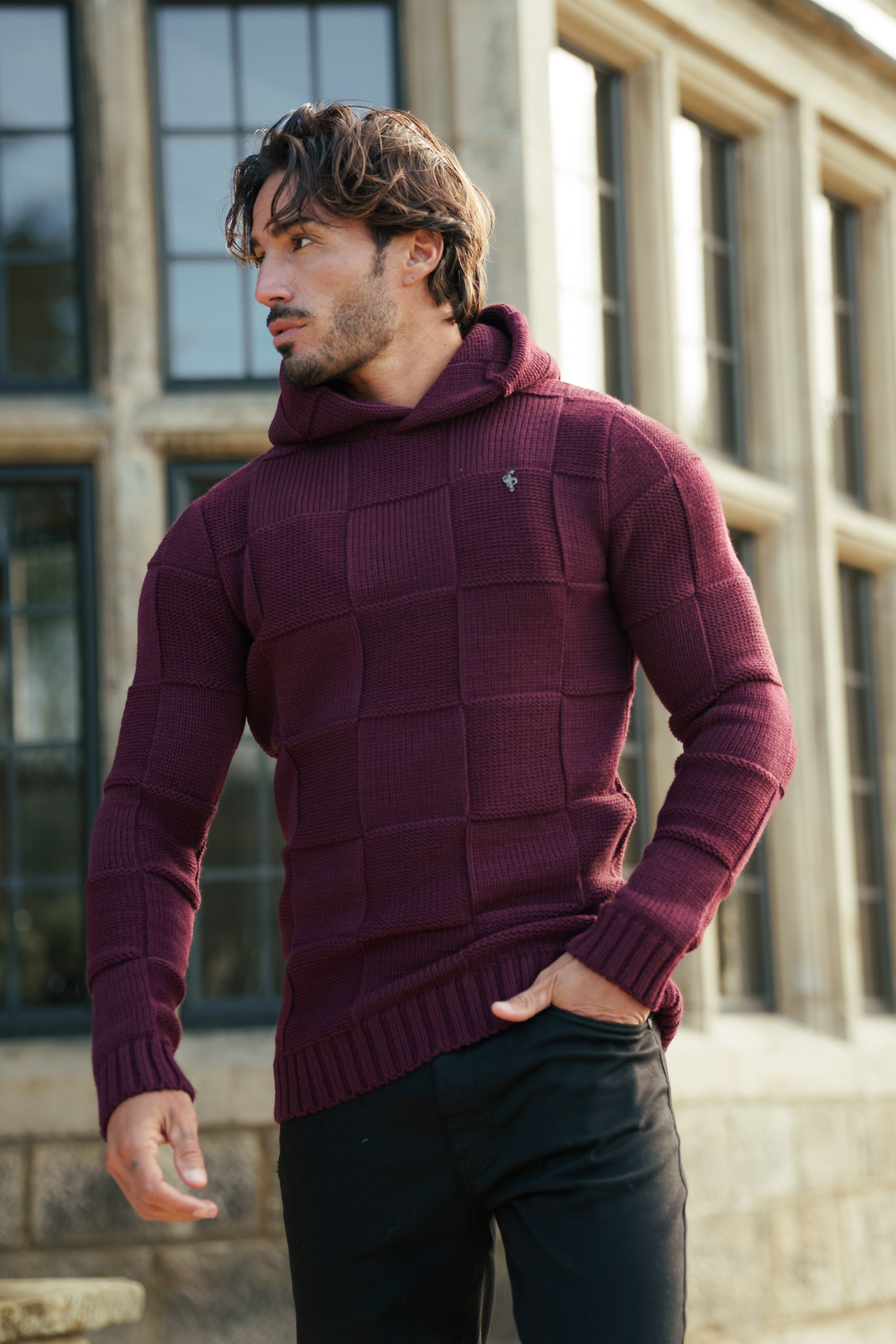Wine Checkerboard Knitted Hoodie - FSJ139