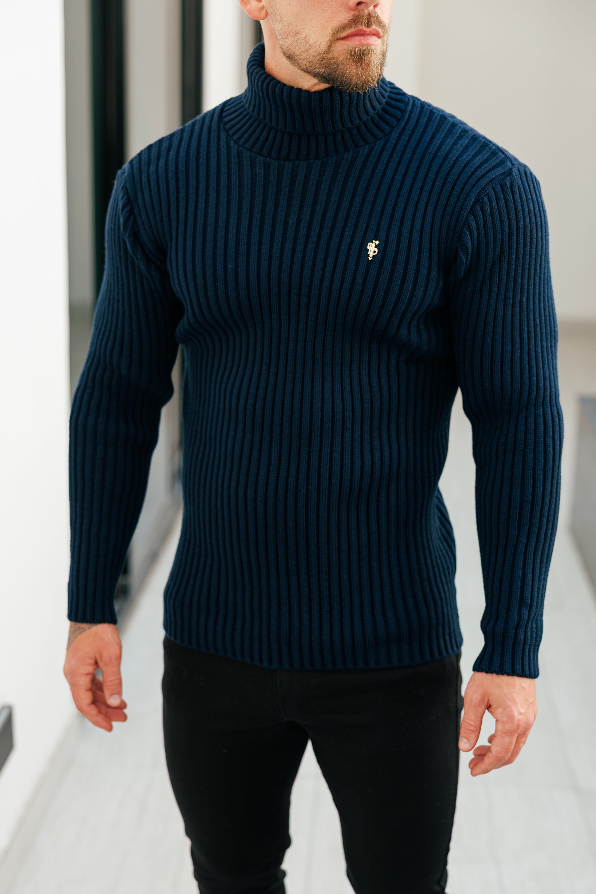 Ribbed Knit Navy Roll Neck Jumper - FSJ115