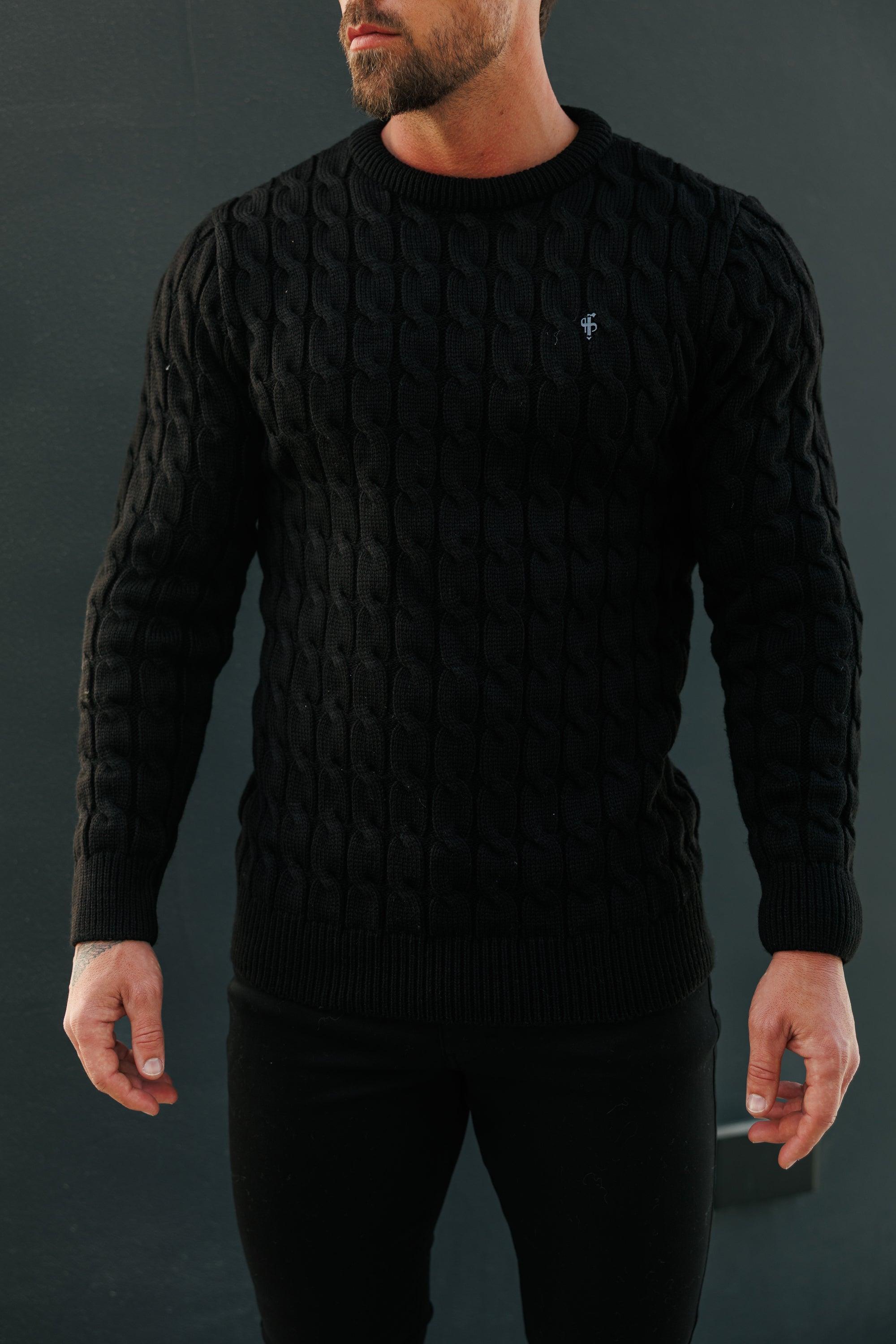 Link Weave Knit Black Crew Neck Jumper - FSJ124