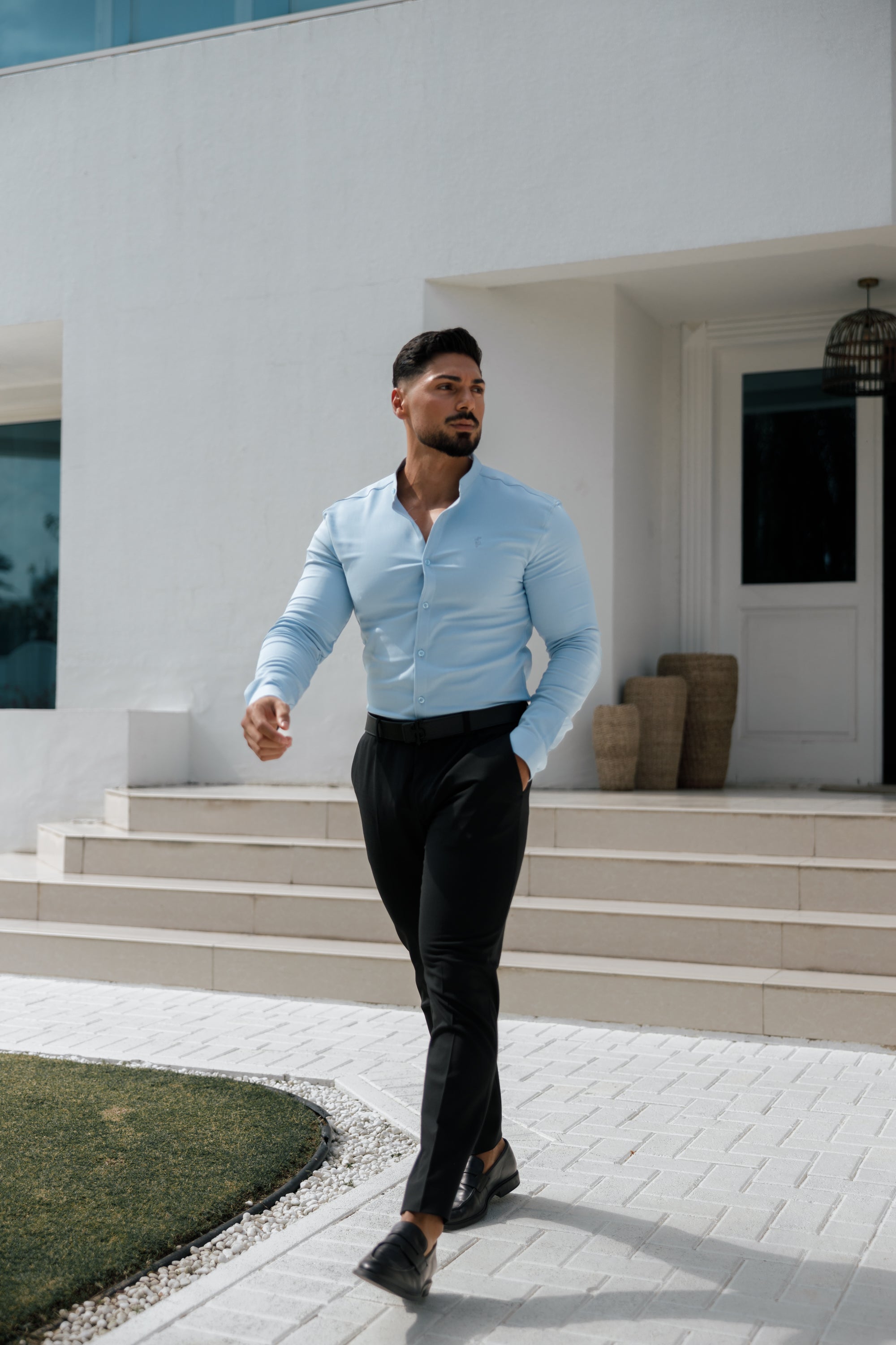 Super Slim Scuba Light Blue Long Sleeve Stretch With Grandad Collar - FS1002