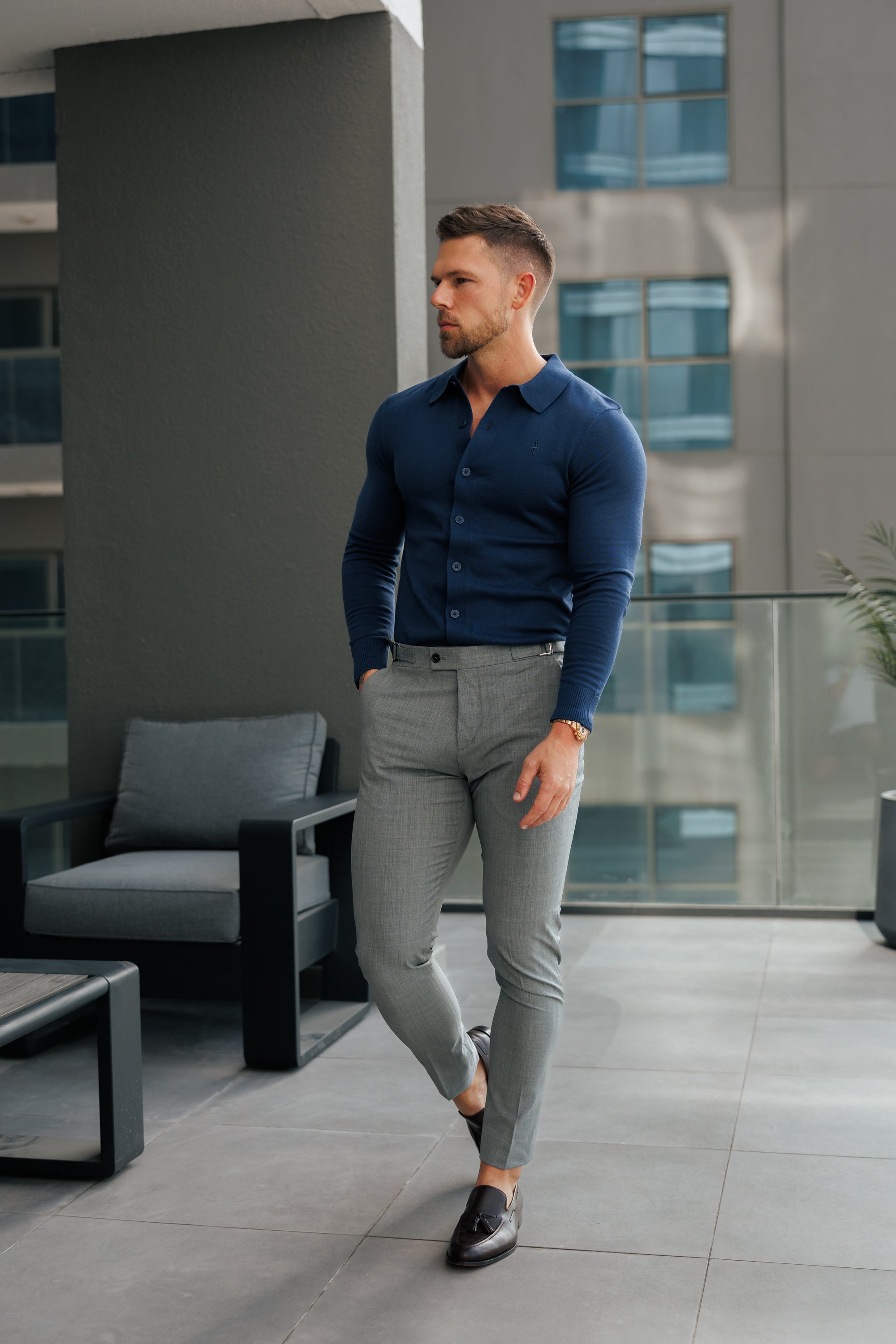 Father Sons Slim Formal Grey Marl Stretch Pants with Side Adjusters - FST021