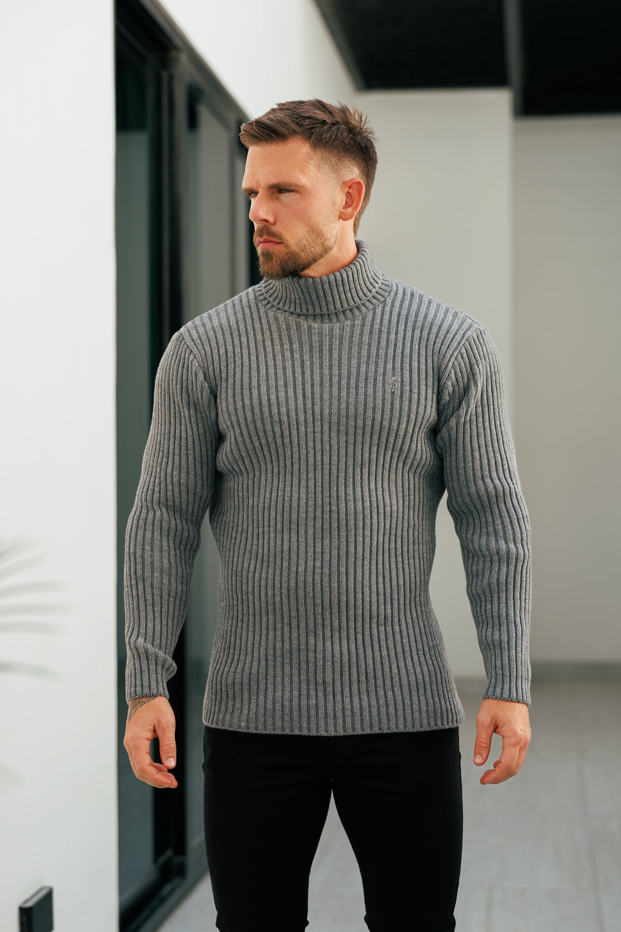 Ribbed Knit Charcoal Roll Neck Jumper - FSJ117