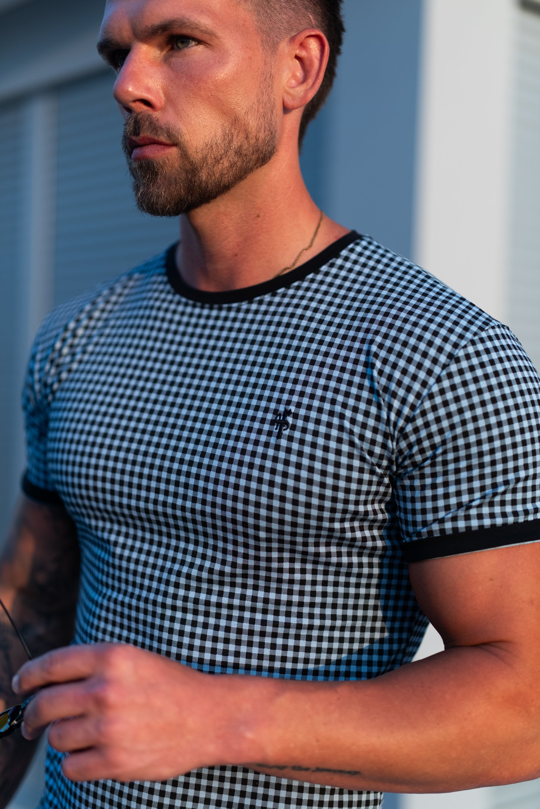 Printed Black / Blue Check Fitted T Shirt - FSH1240