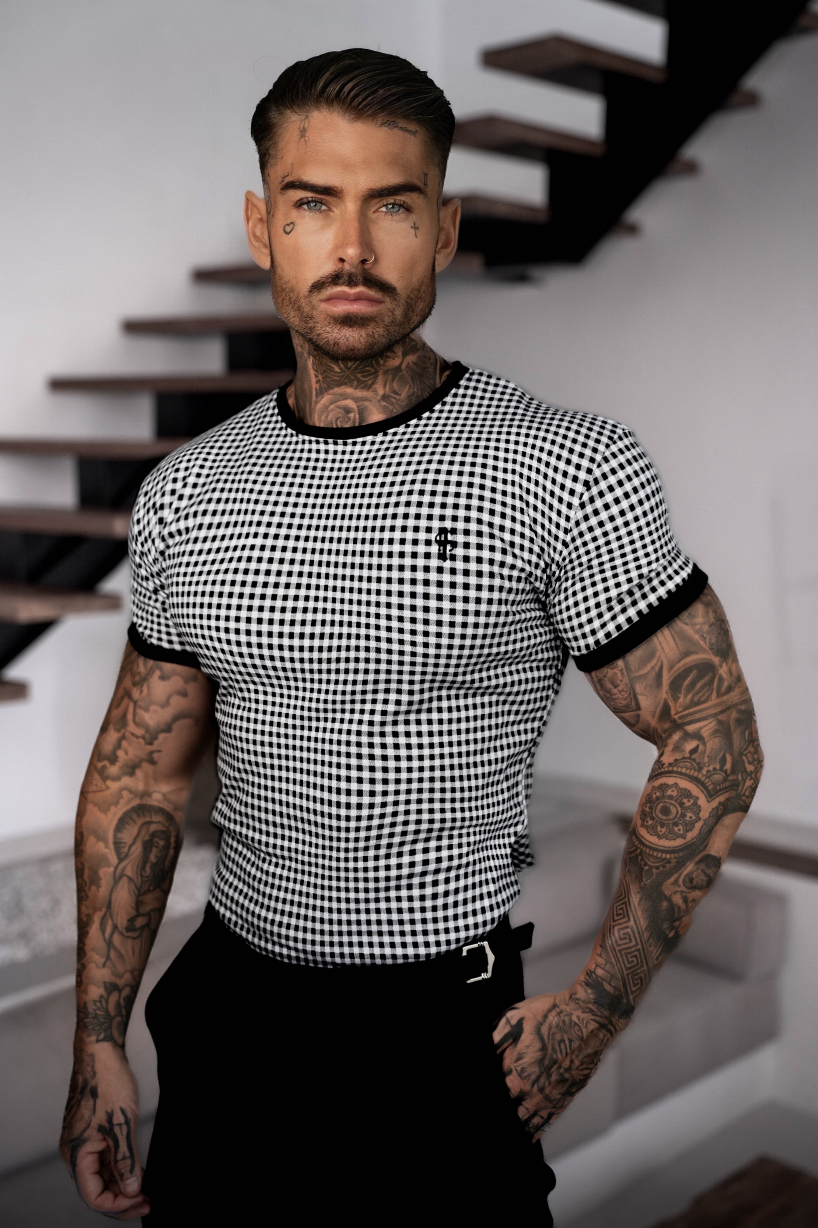 Printed Black / White Check Fitted T Shirt - FSH1238