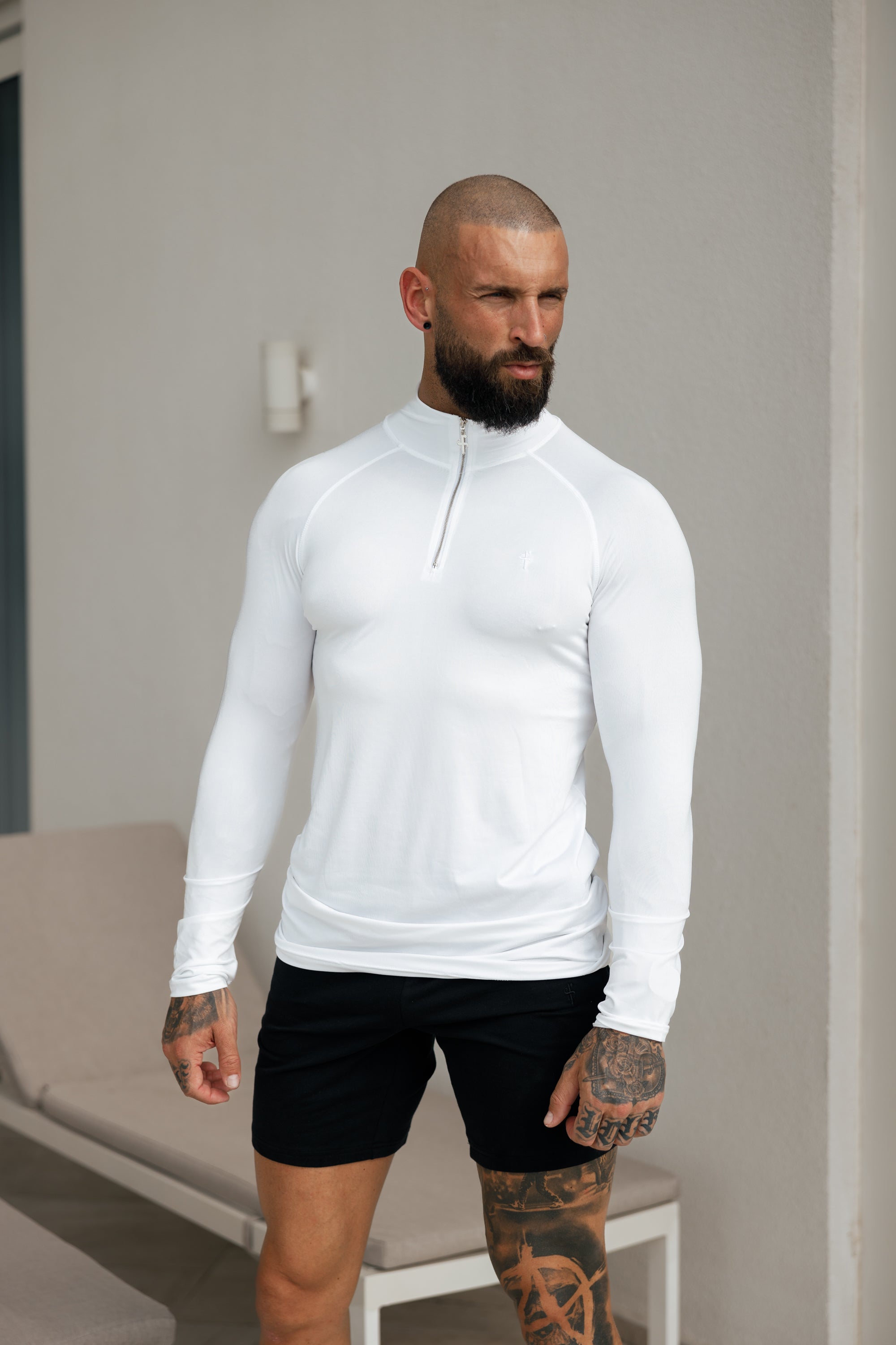 Long Sleeve White / Silver Half Zip Gym Top - FSH888