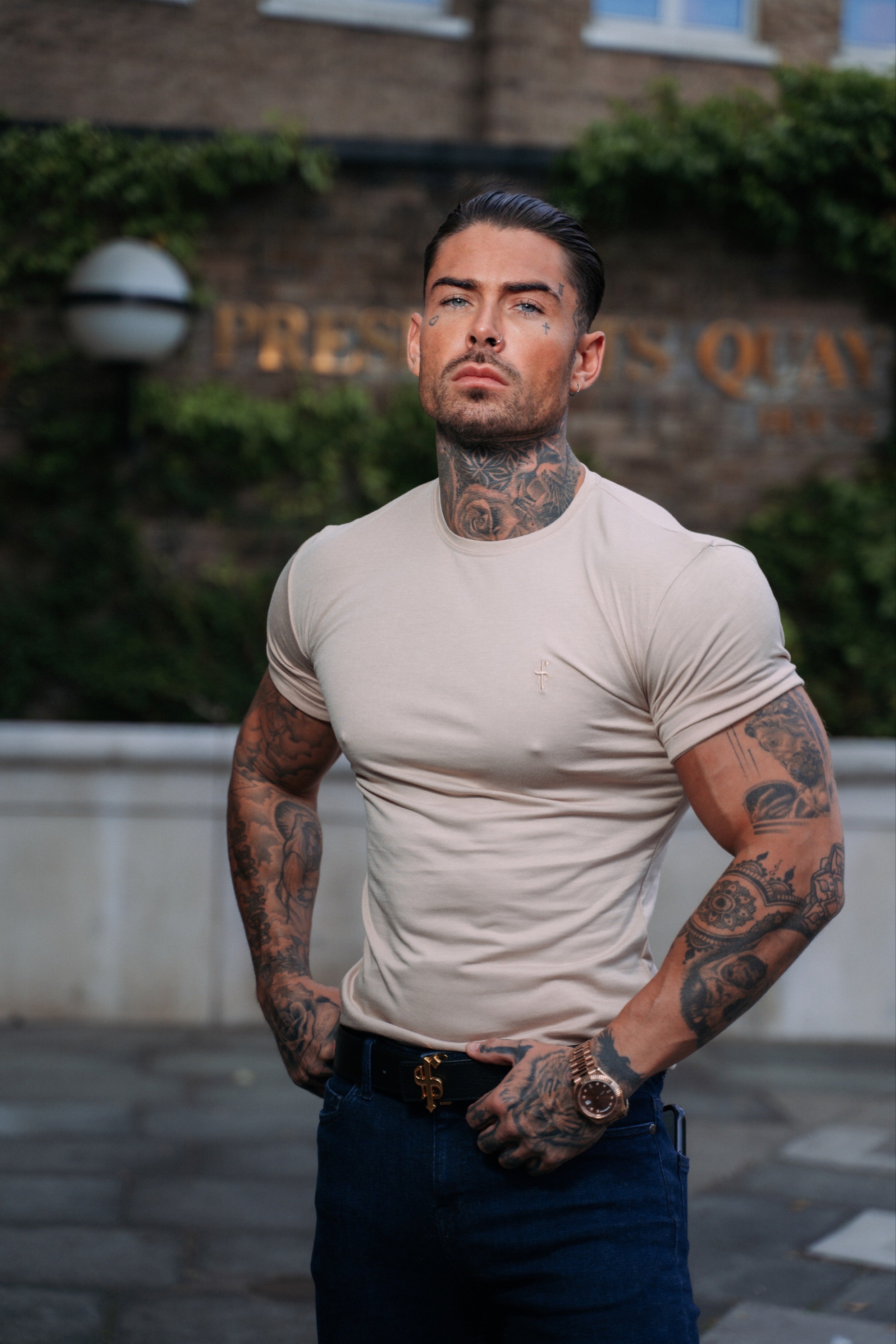 Beige Bamboo Crew Tonal Embroidery - FSH850