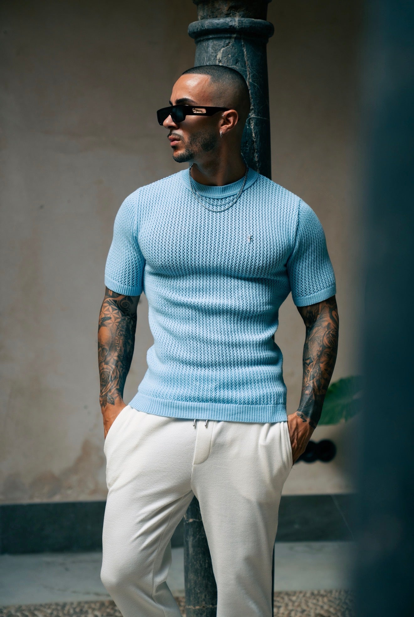 Light Blue Viscose Plain Knitted Short Sleeve T-Shirt - FSJ185 (PRE ORDER 12TH AUGUST)