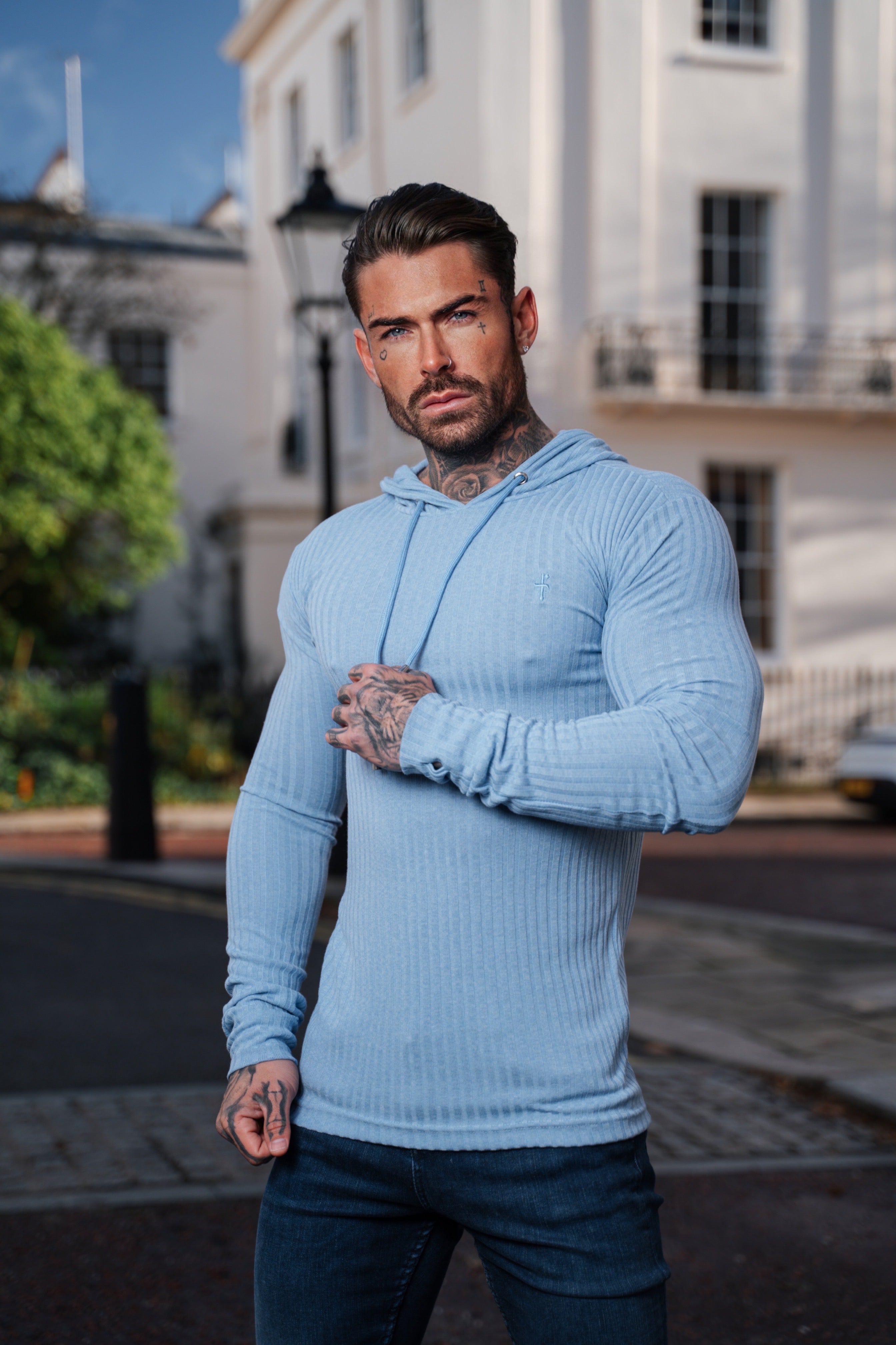 Classic Light Blue Ribbed Knit Hoodie Jumper - FSH908
