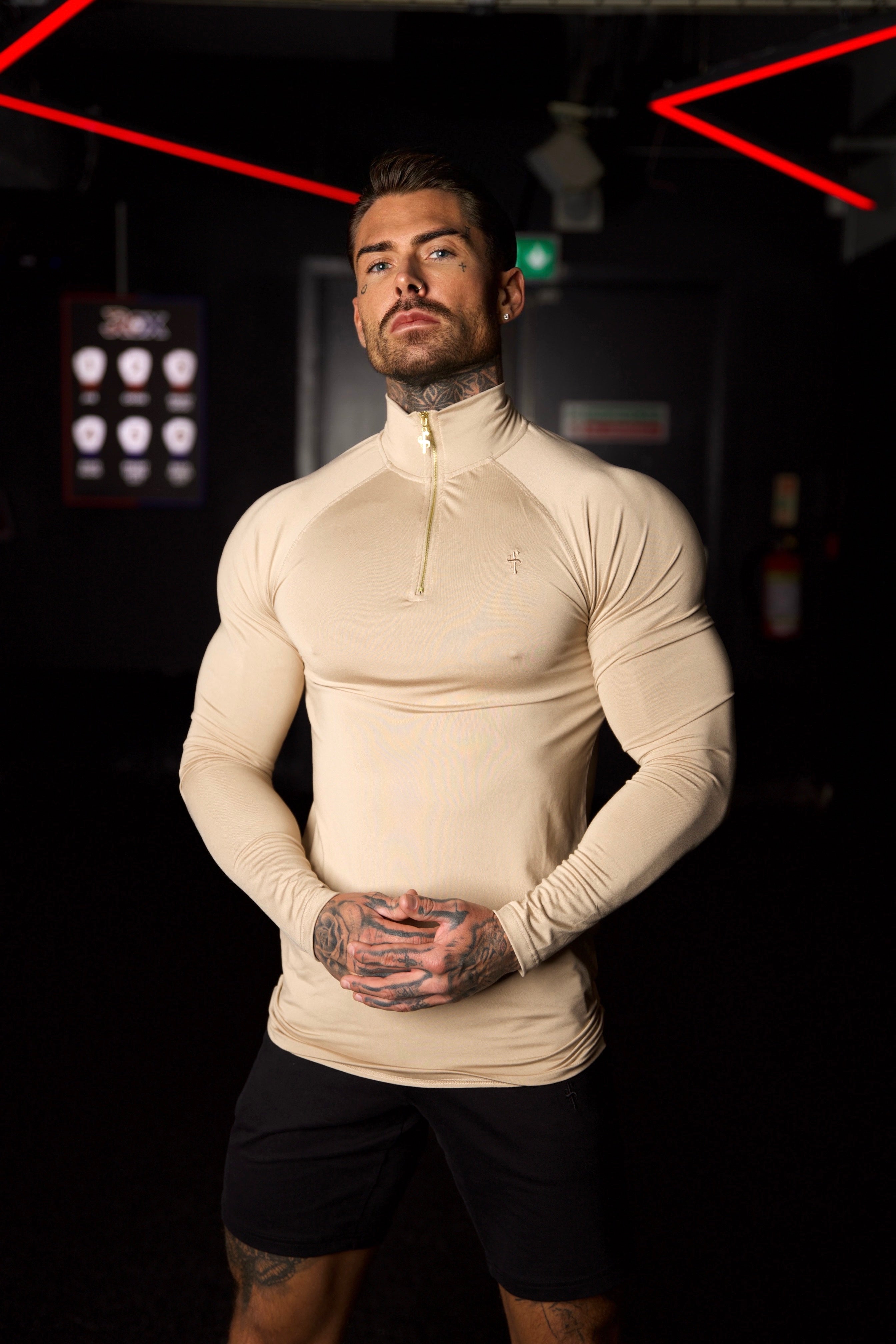 Long Sleeve Beige / Gold Half Zip Gym Top - FSH892
