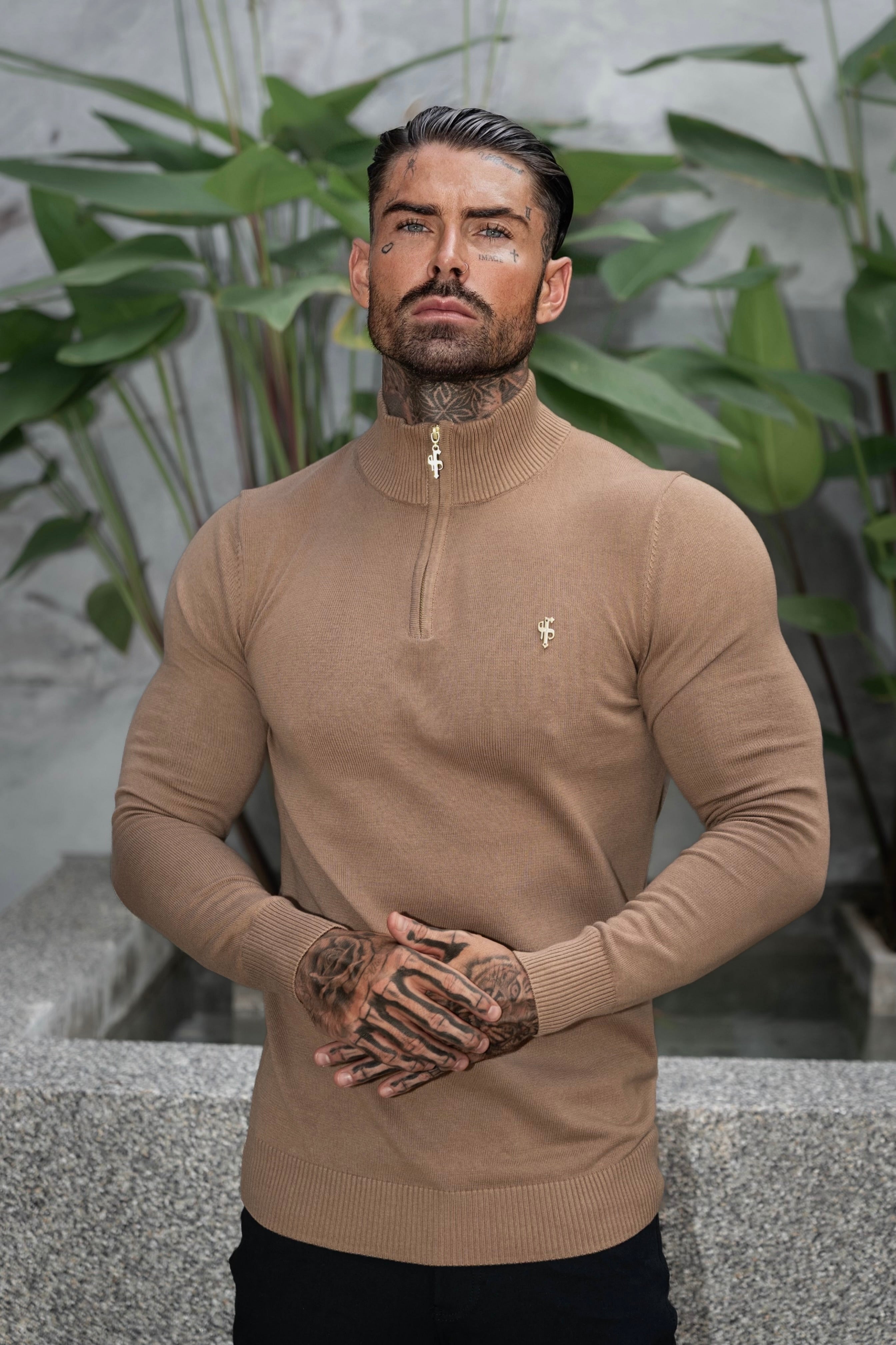 FS Camel Funnel Neck Knitted Jumper With FS Branding - FSN187