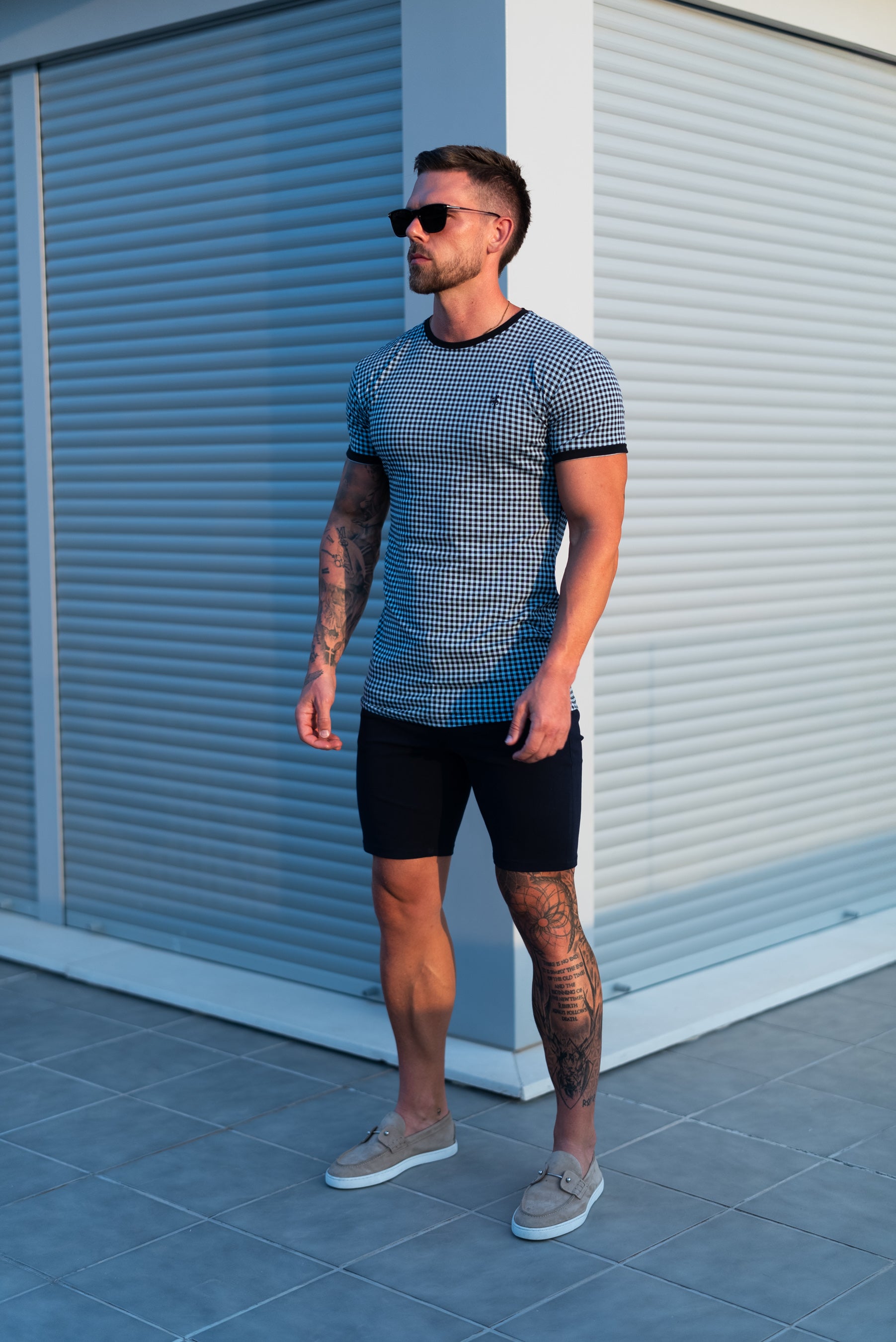 Printed Black / Blue Check Fitted T Shirt - FSH1240