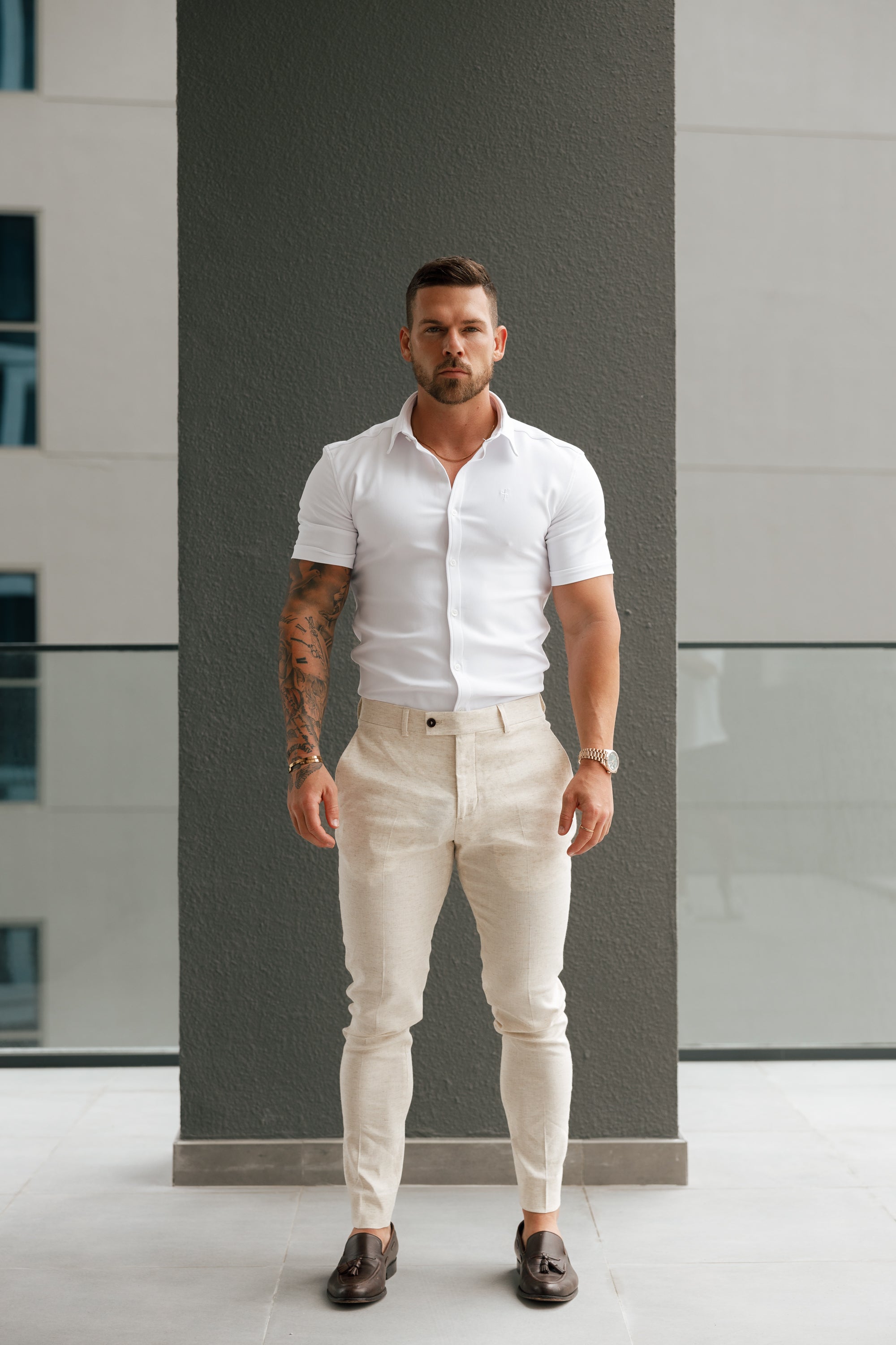 Slim Formal Cream Linen Trousers With Belt Loops - FST019 (PRE ORDER 24TH SEPTEMBER)