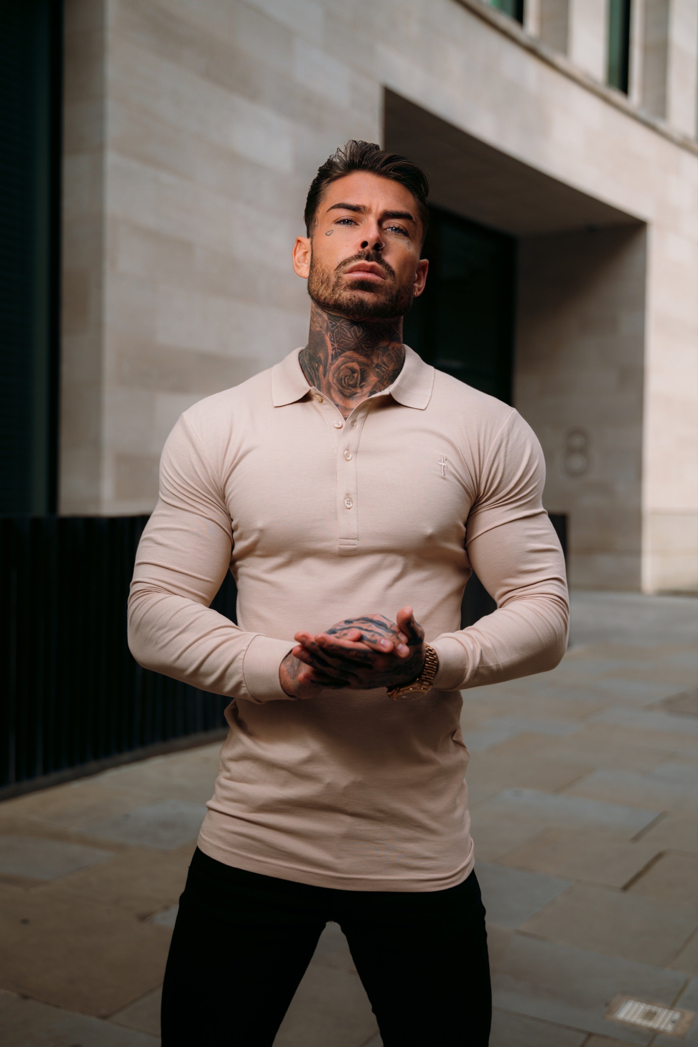 Classic Beige Tonal Polo Long Sleeve Shirt - FSH862