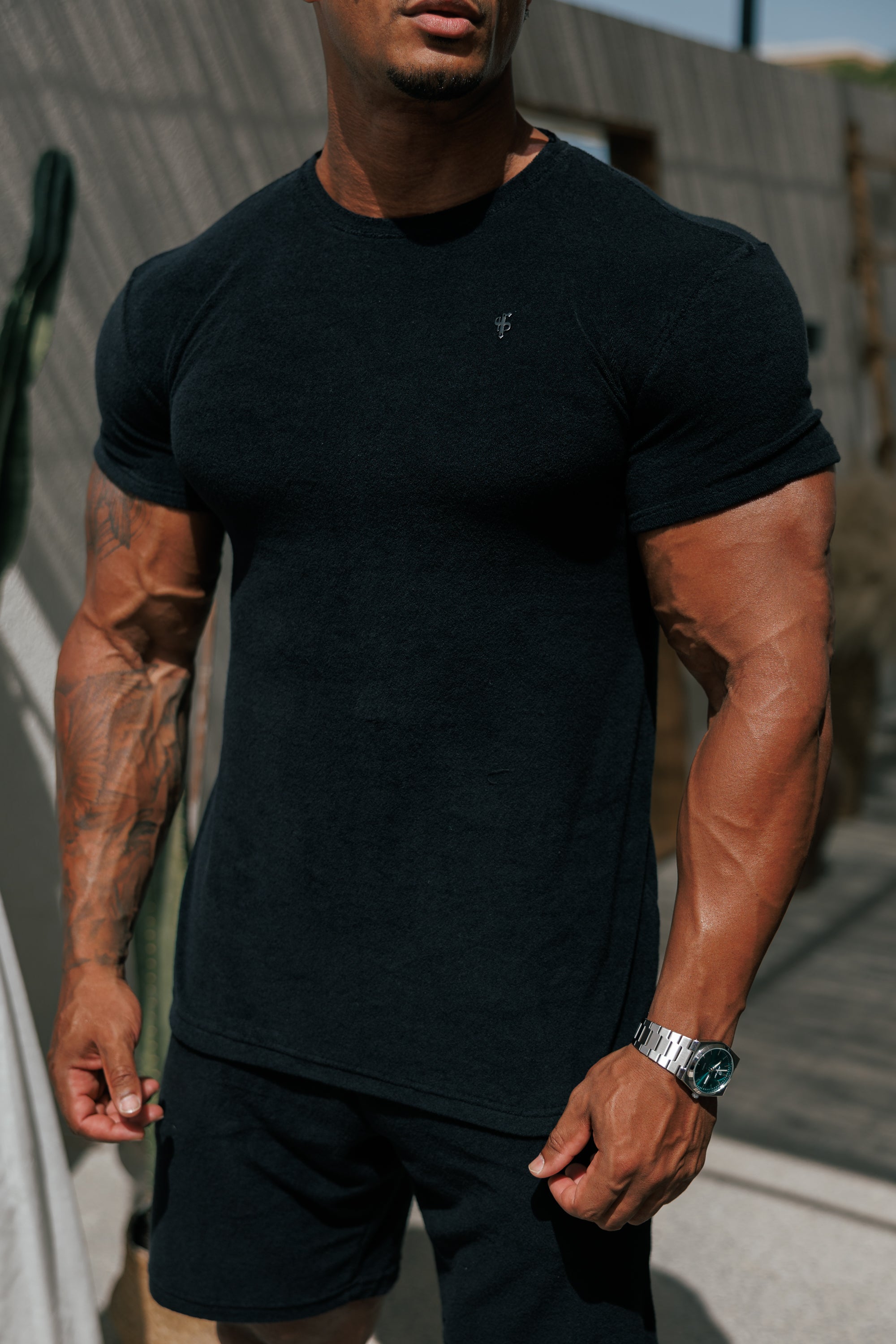 Black Towelling Crew T Shirt - FSH816 (PRE ORDER 16TH JUNE)