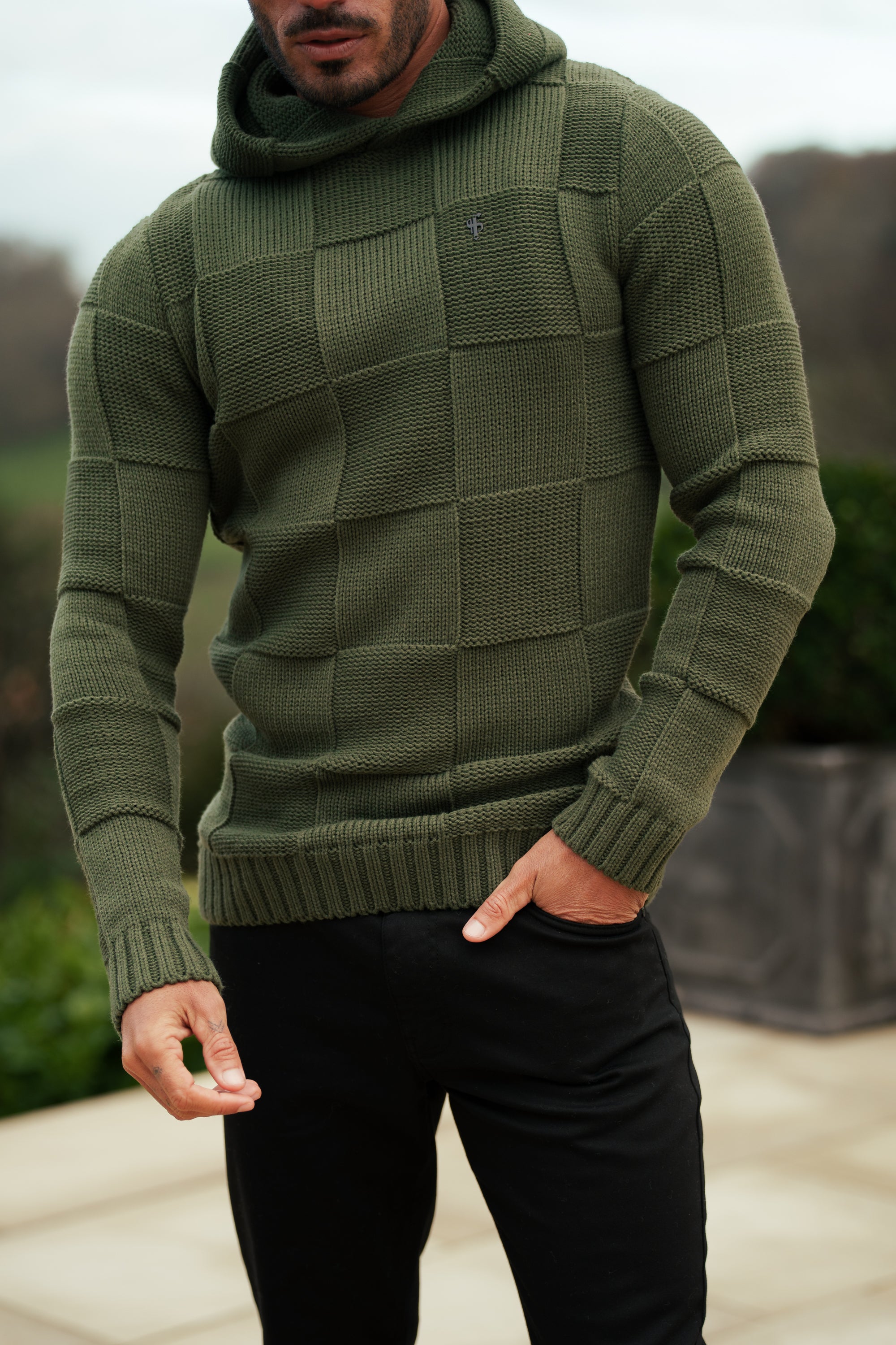 Olive Checkerboard Knitted Hoodie - FSJ137