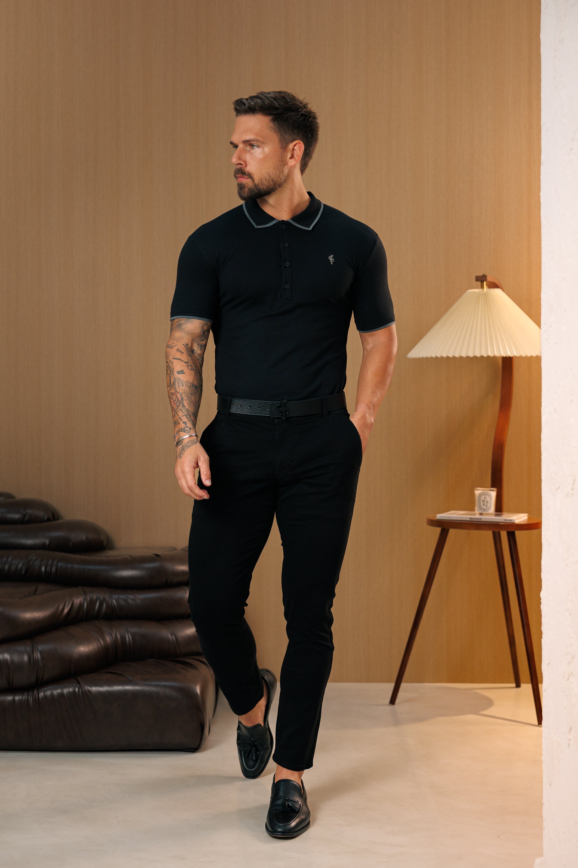 Black / Charcoal Polo Shirt With Contrast Collar and Sleeve - FSH1670