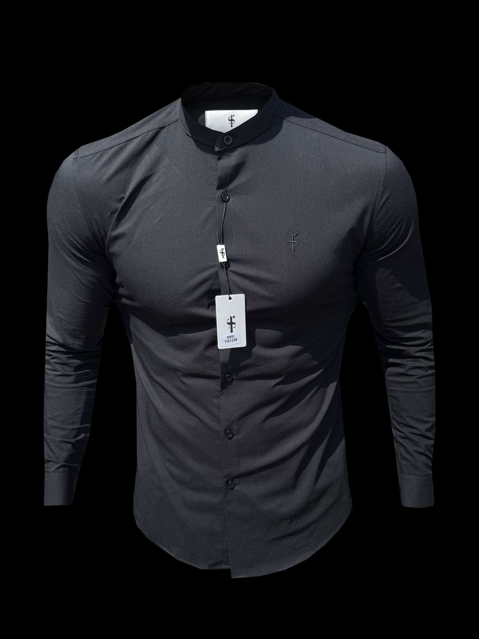 Apollo Classic Fit Stretch Black Grandad Collar Shirt - FS1249