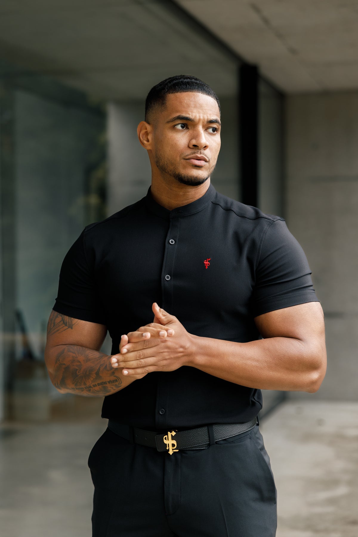 Super Slim Scuba Black Short Sleeve Stretch With Grandad Collar - FS930 (PRE ORDER 12TH NOVEMBER)