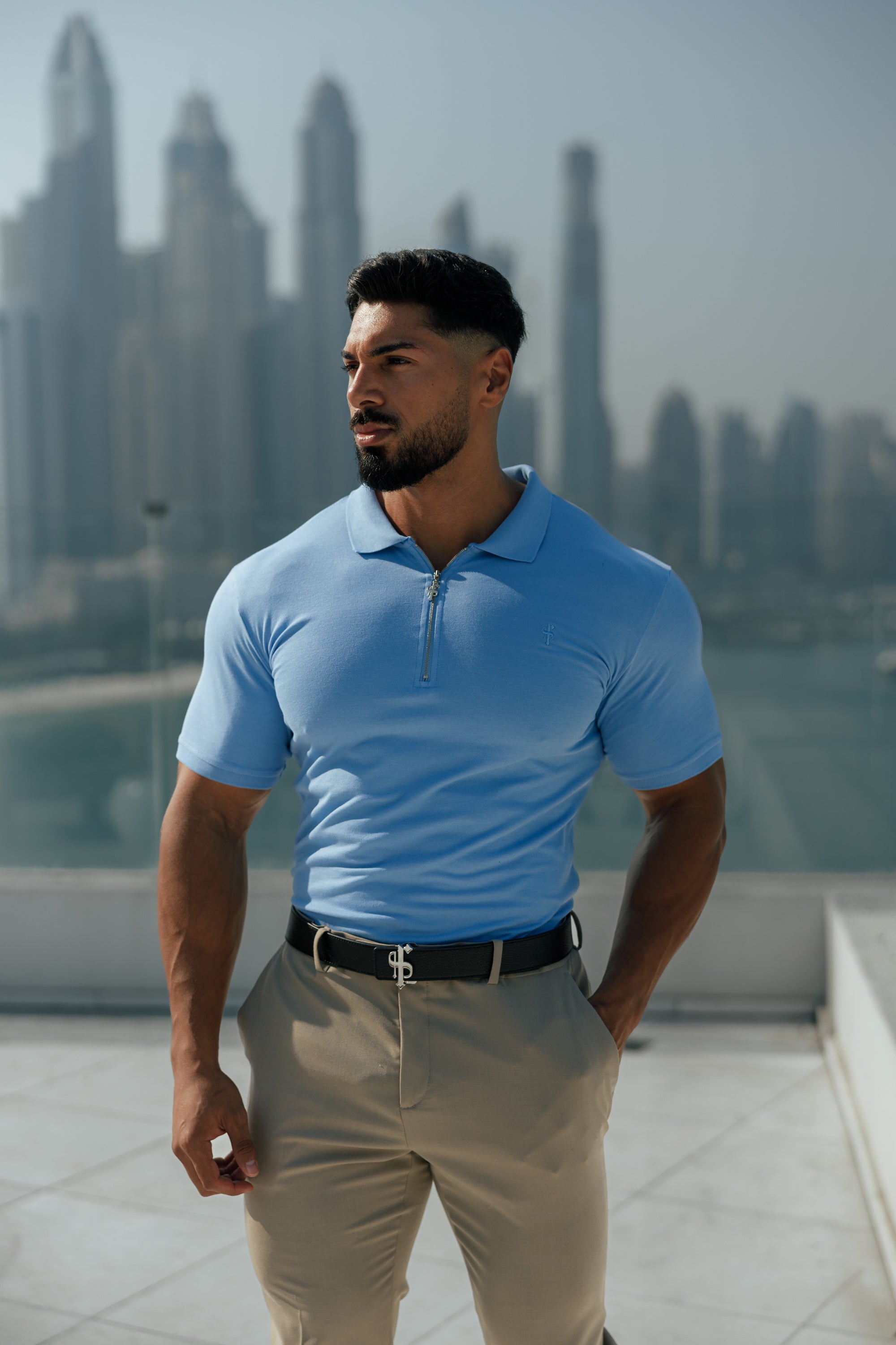 Classic Light Blue and Silver Zipped Polo Shirt - FSH856