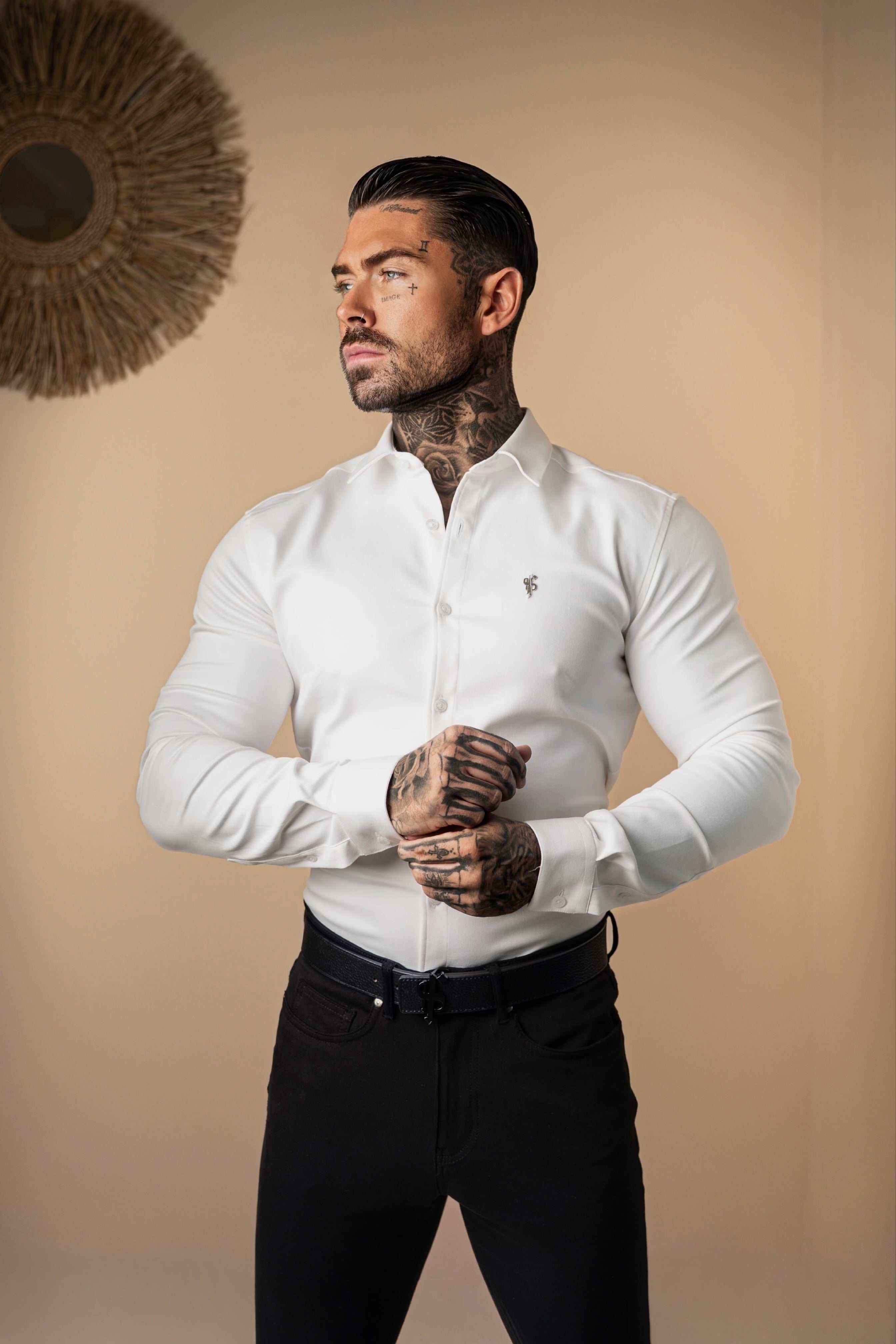 Super Slim Stretch White Denim Long Sleeve with Silver Metal Decal - FS1209