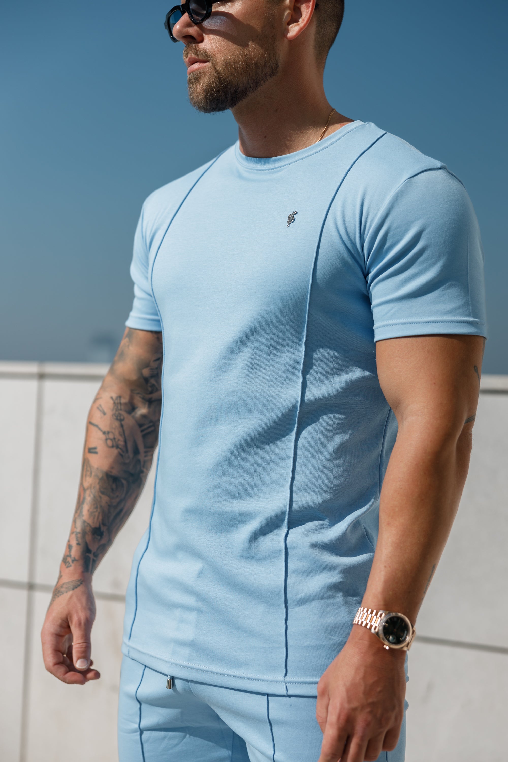 Light Blue / Silver Crew T Shirt With Pintuck Detail - FSH1051