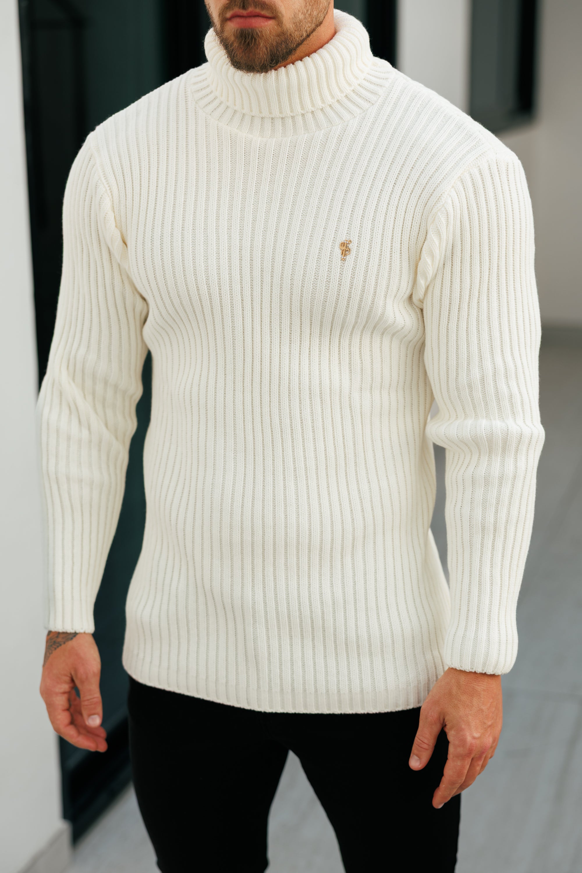 Ribbed Knit Cream Roll Neck Jumper - FSJ114