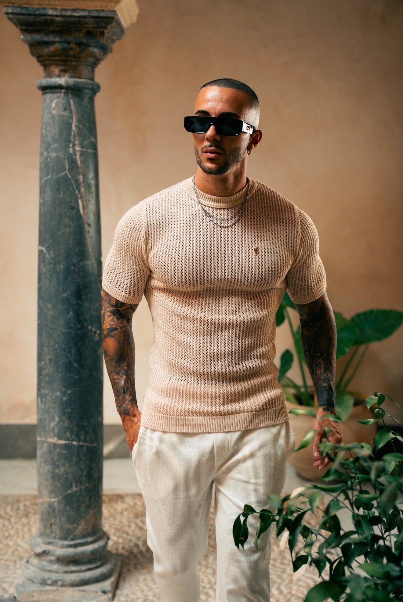 Beige Viscose Plain Knitted Short Sleeve T-Shirt - FSJ186 (PRE ORDER 12TH AUGUST)