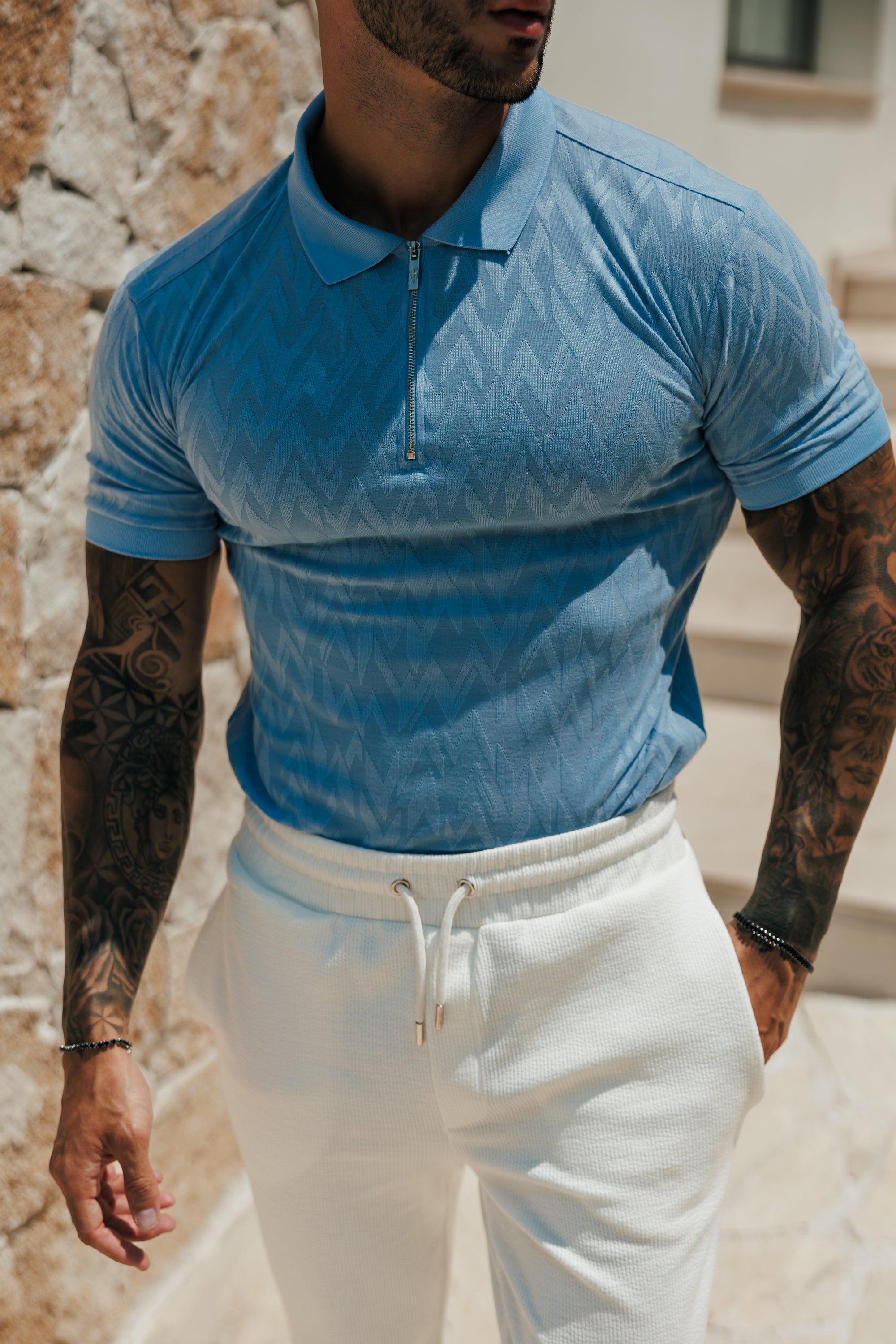 Classic Jacquard Baby Blue Chevron Zipped Polo - FSR061