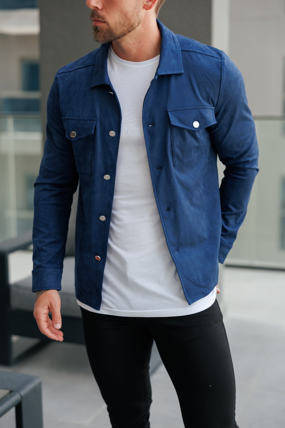 Suede Feel Button Up Jacket Navy / Silver - FSN221