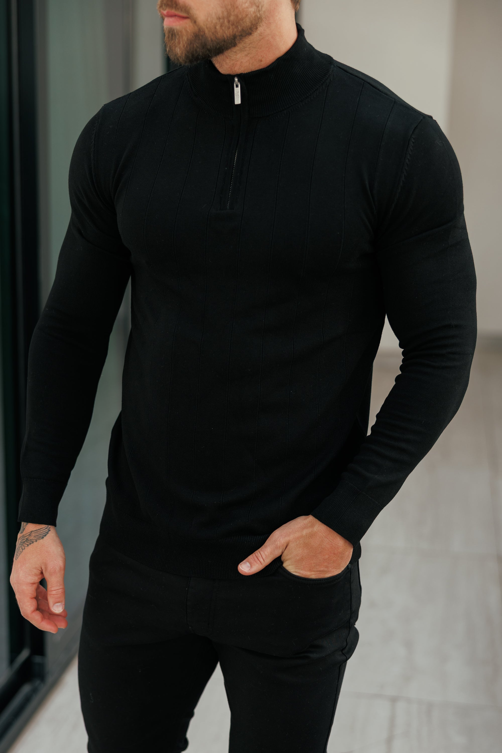 Self Stripe 1/4 Zip Funnel Neck Knit Jumper Black Long Sleeve - FSR050