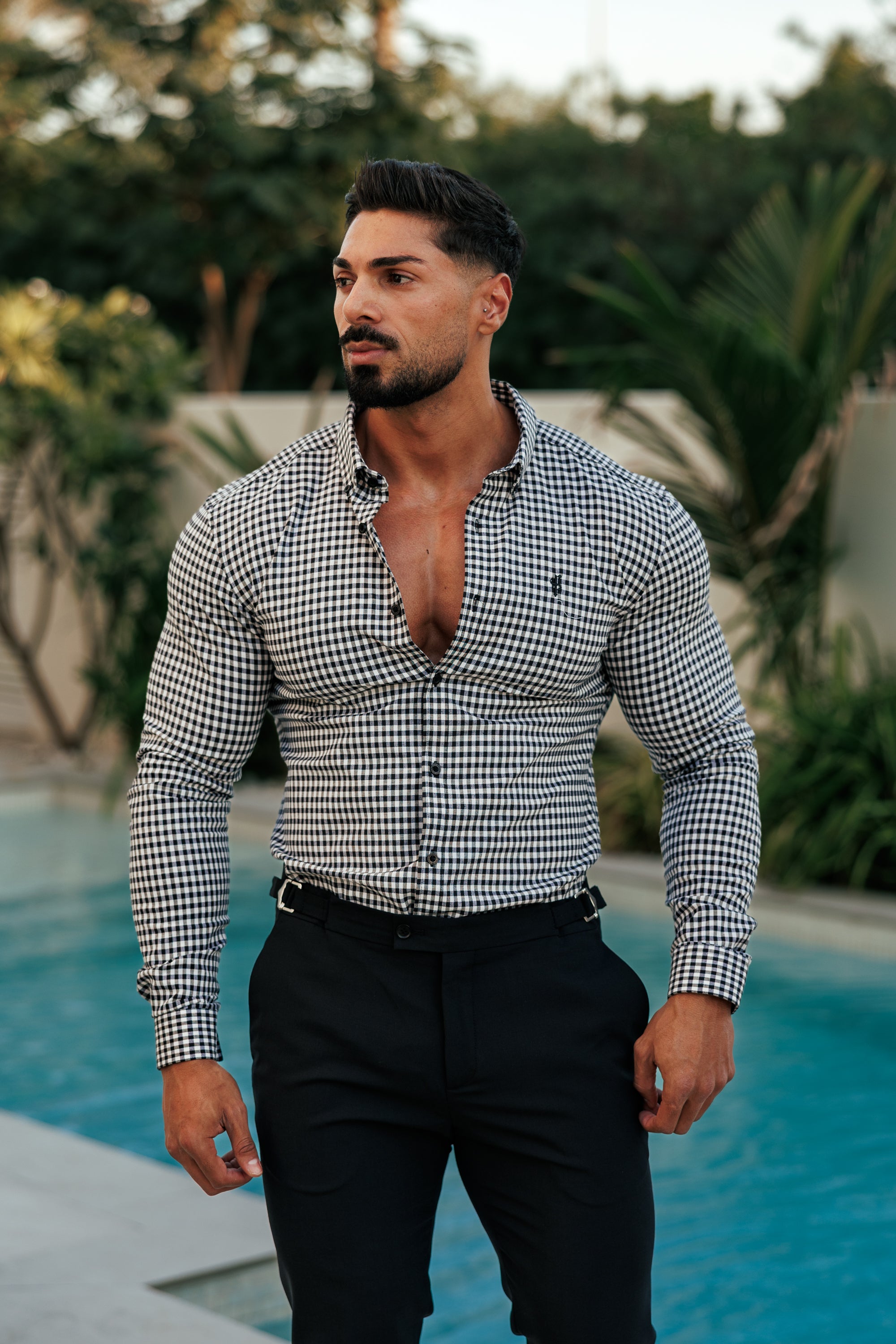 Super Slim Stretch White / Black Check Long Sleeve with Button Down Collar - FS1069