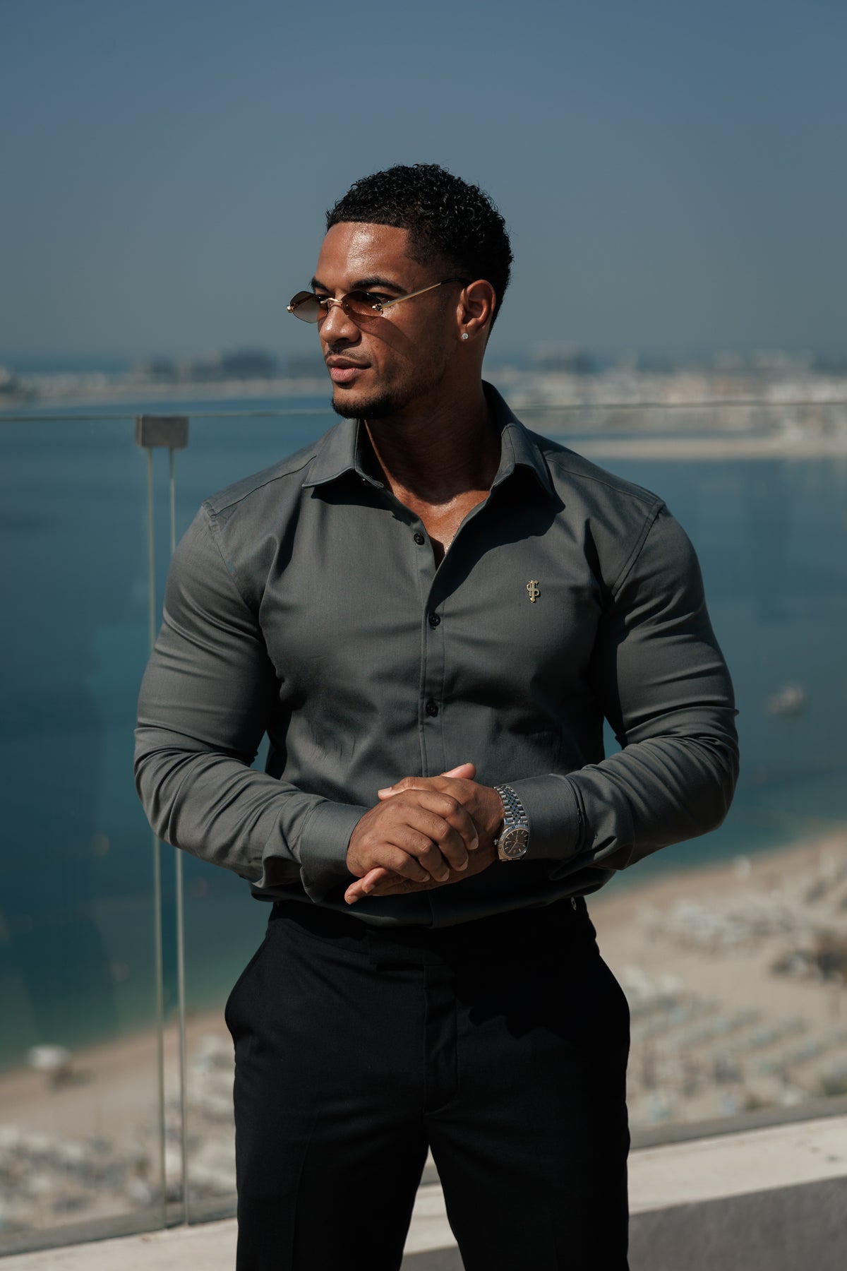 Super Slim Stretch Olive Denim Long Sleeve with Gold Metal Decal and Cutaway Collar - FS1316