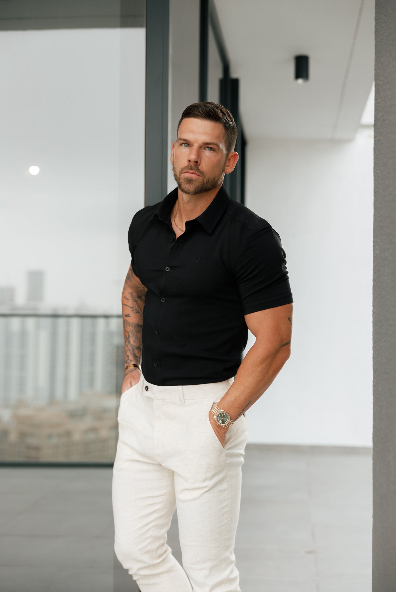 Super Slim Scuba Black Short Sleeve Stretch with Cutaway Collar- FS1145