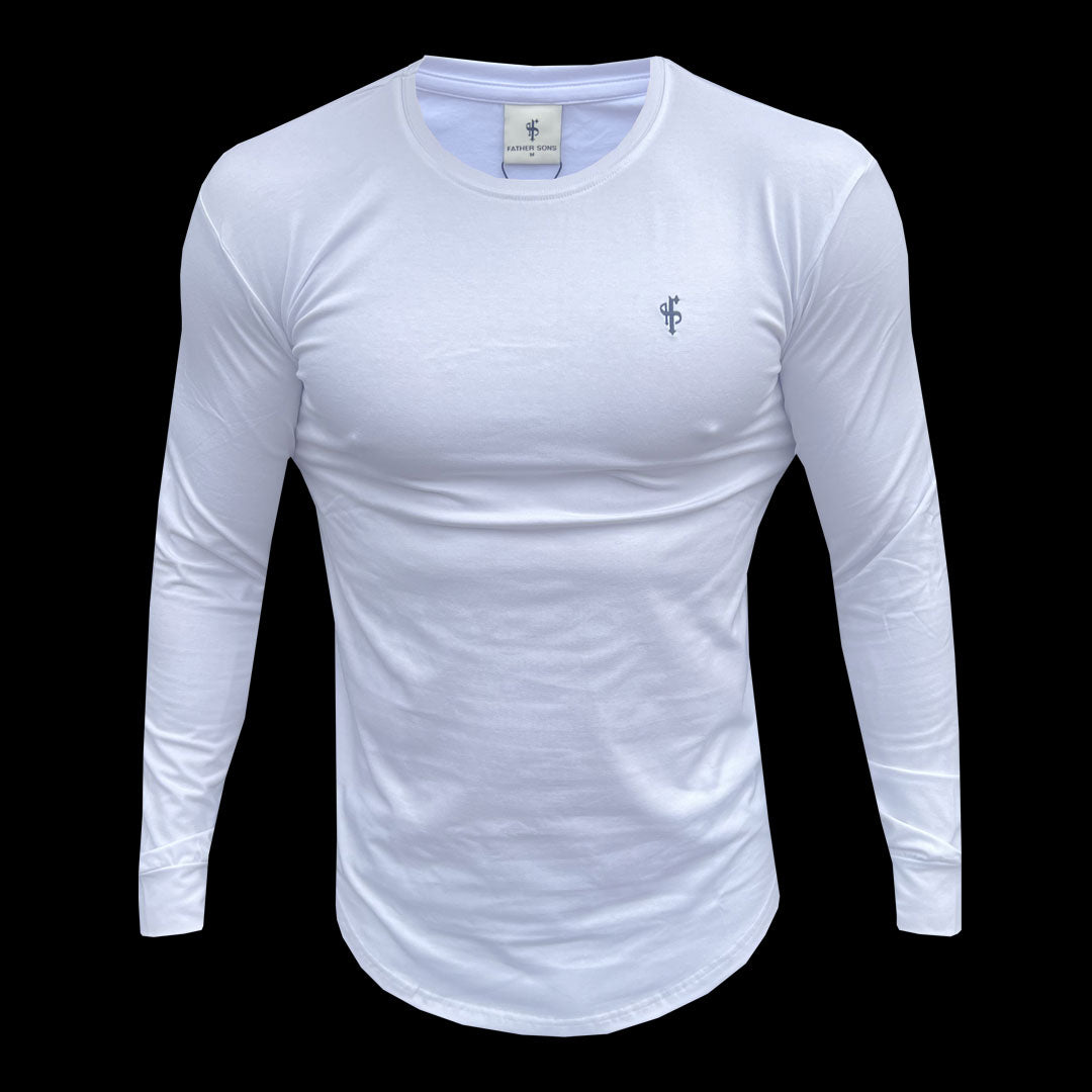 Classic White / Black Tonal Curved Hem Long Sleeve Crew T Shirt - FSH996