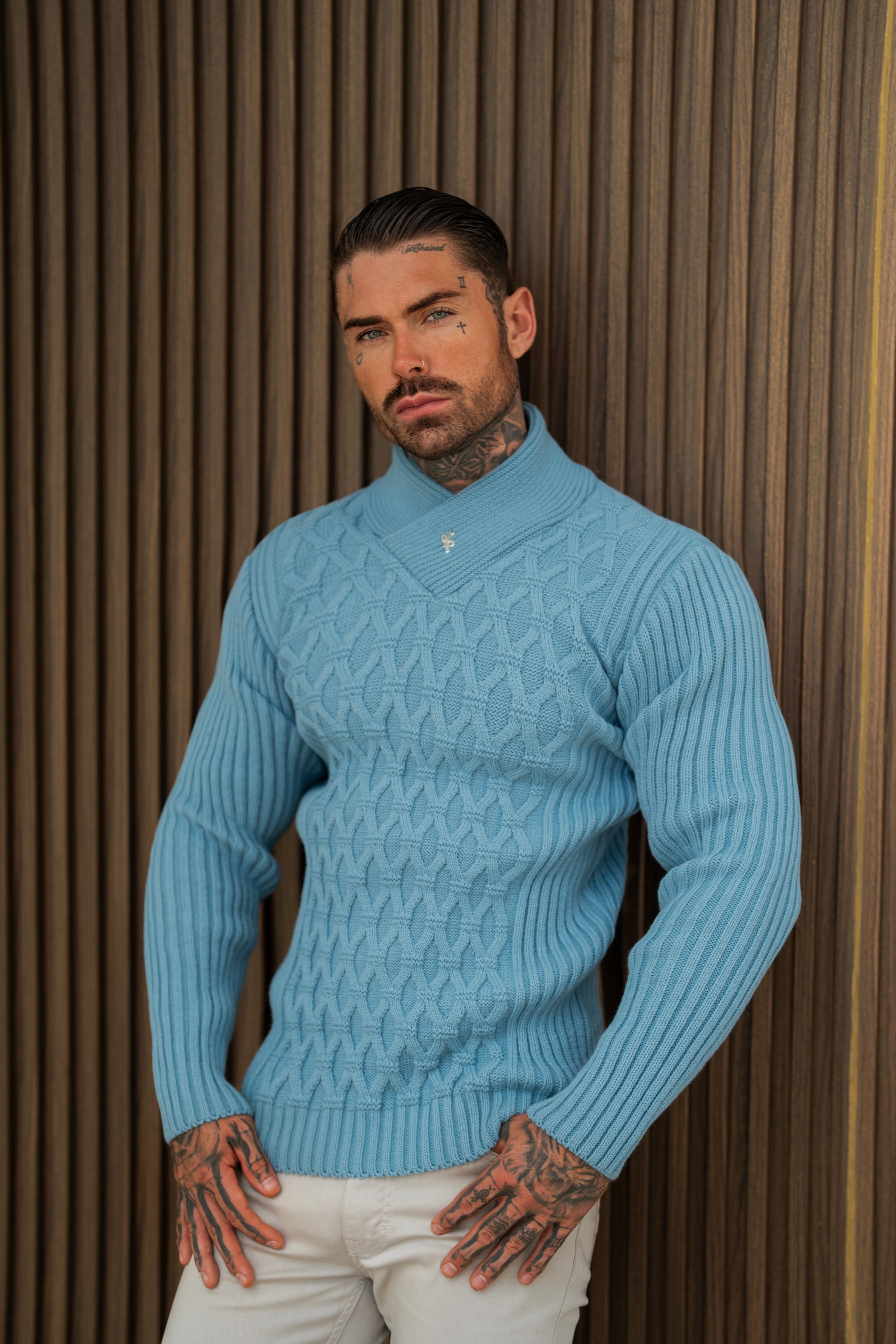 Father Sons Chunky Cable Knit Dusty Blue Sweater - FSJ063