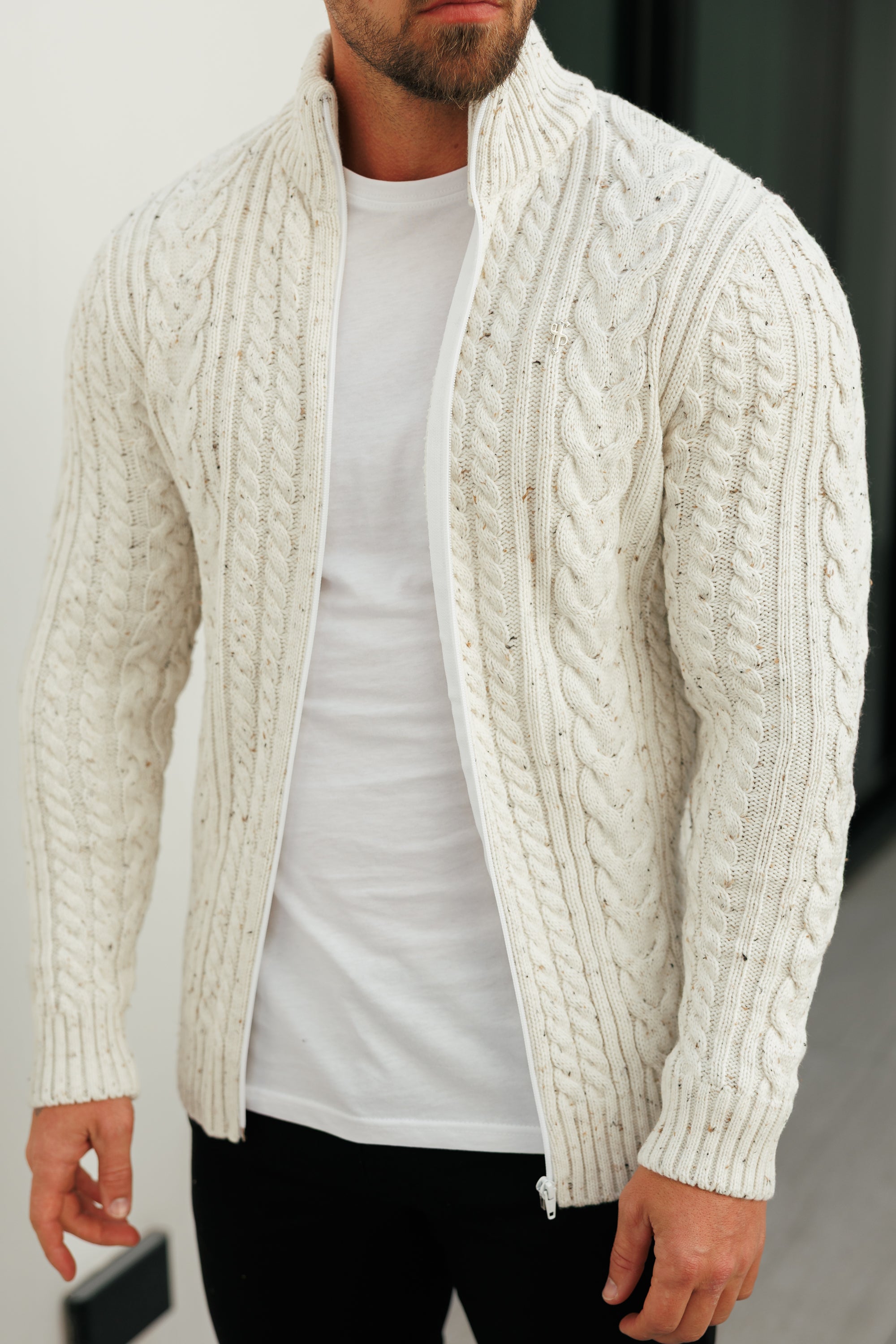 Chunky Zipped Cardigan Beige Fleck - FSJ148