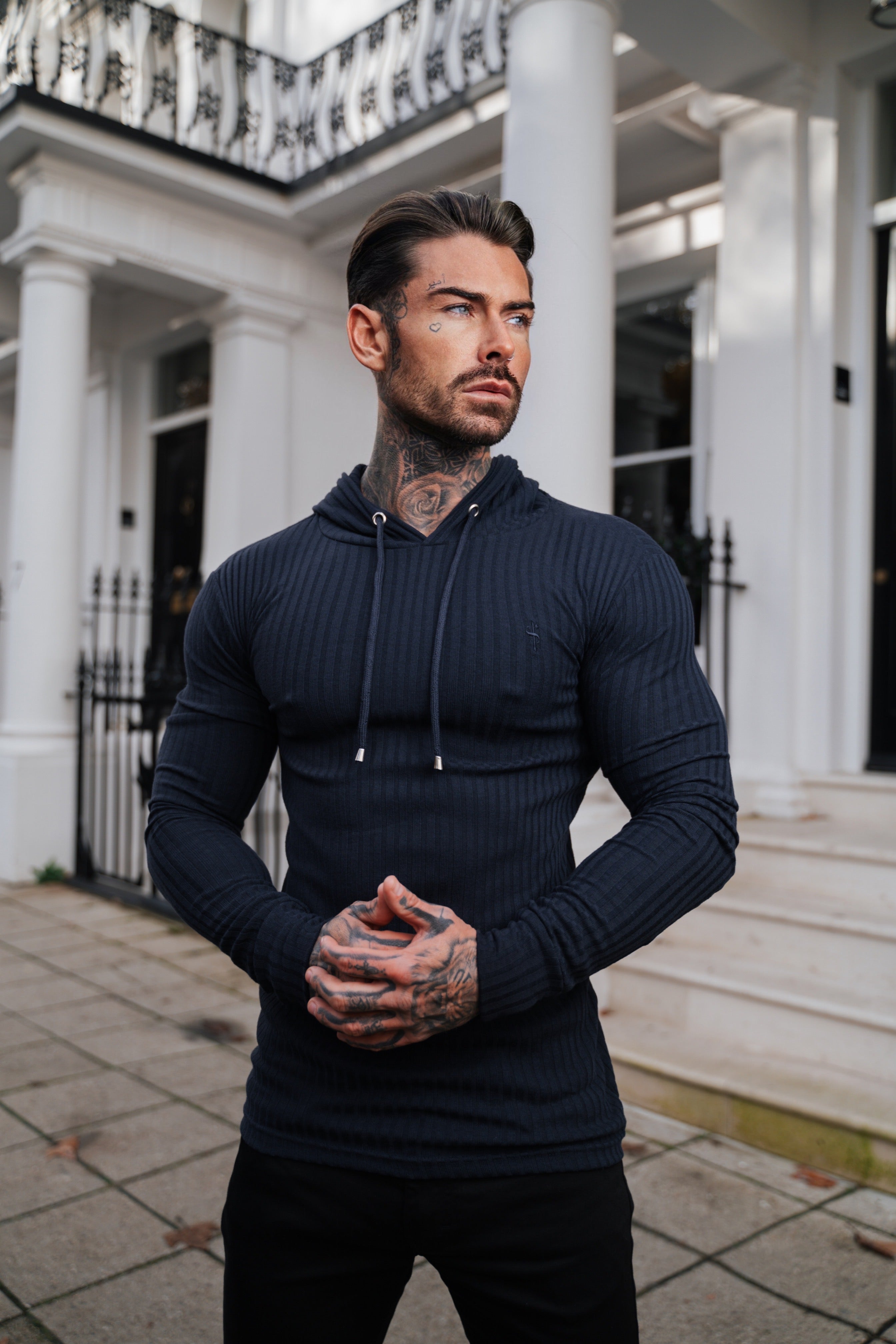 Father Sons Classic Navy Ribbed Knit Hoodie Sweater - FSH904