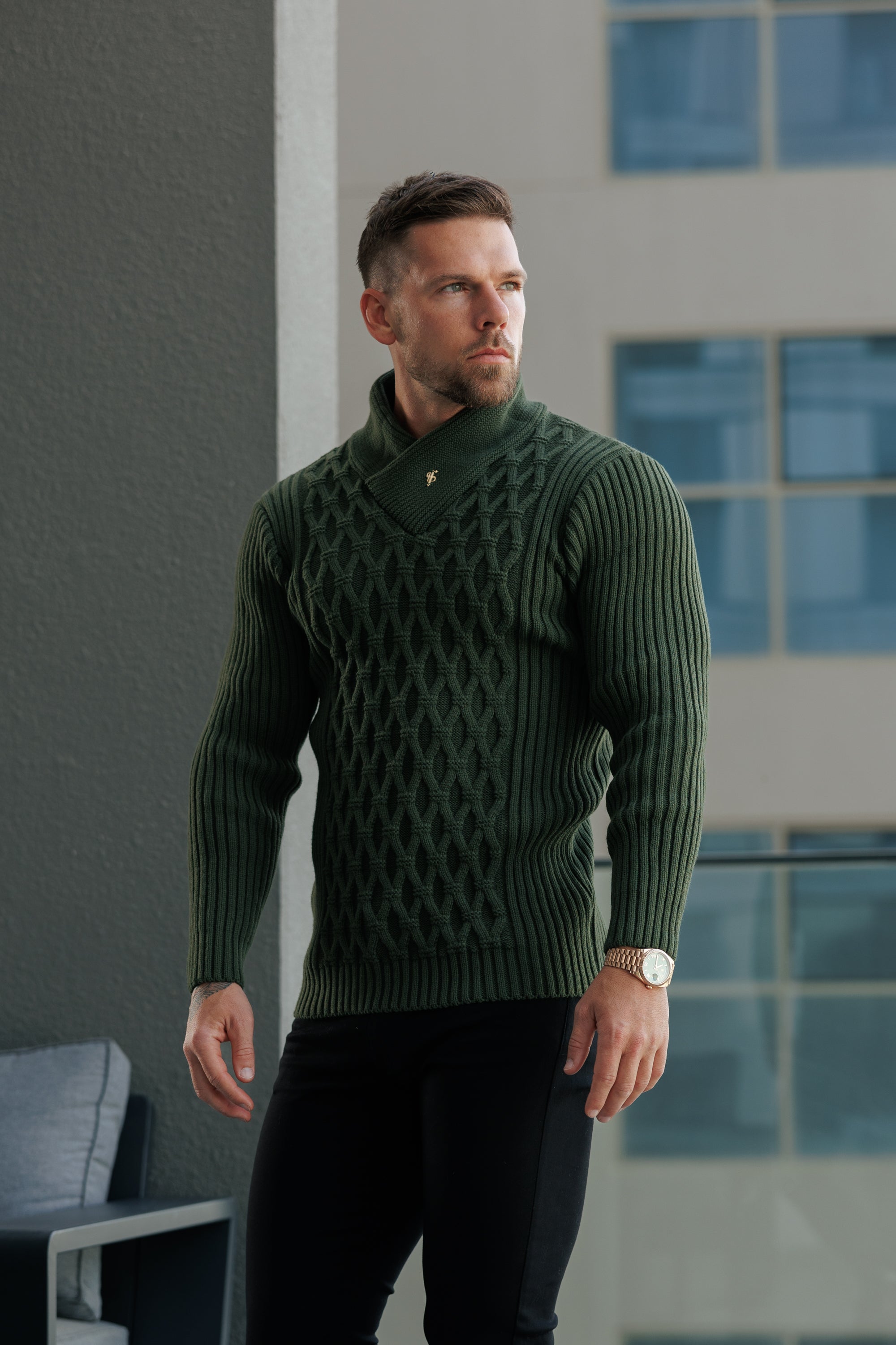 Father Sons Chunky Cable Knit Olive Sweater - FSJ061