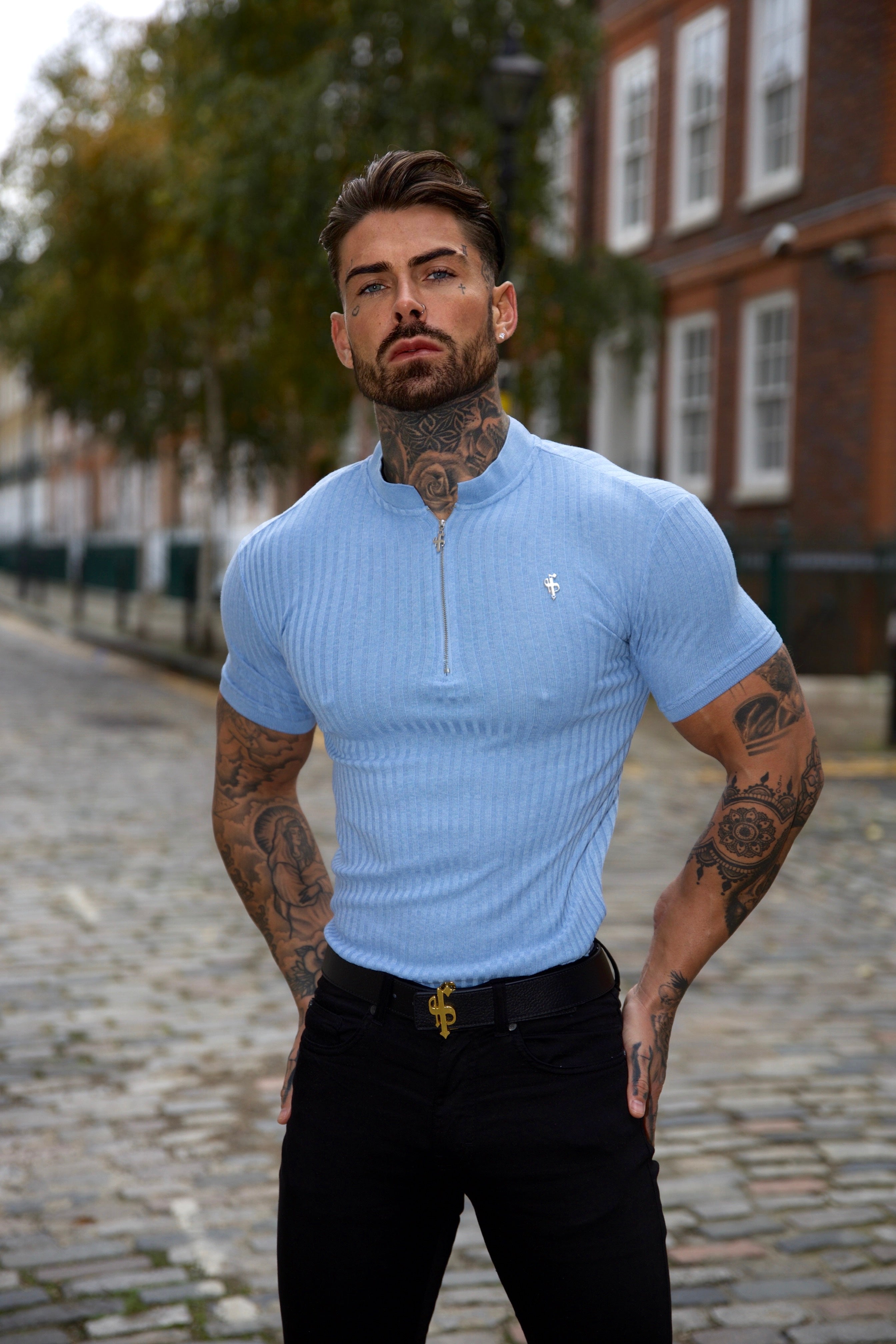 Classic Baby Blue Ribbed Silver Zip Grandad Collar Shirt Short Sleeve - FSH919