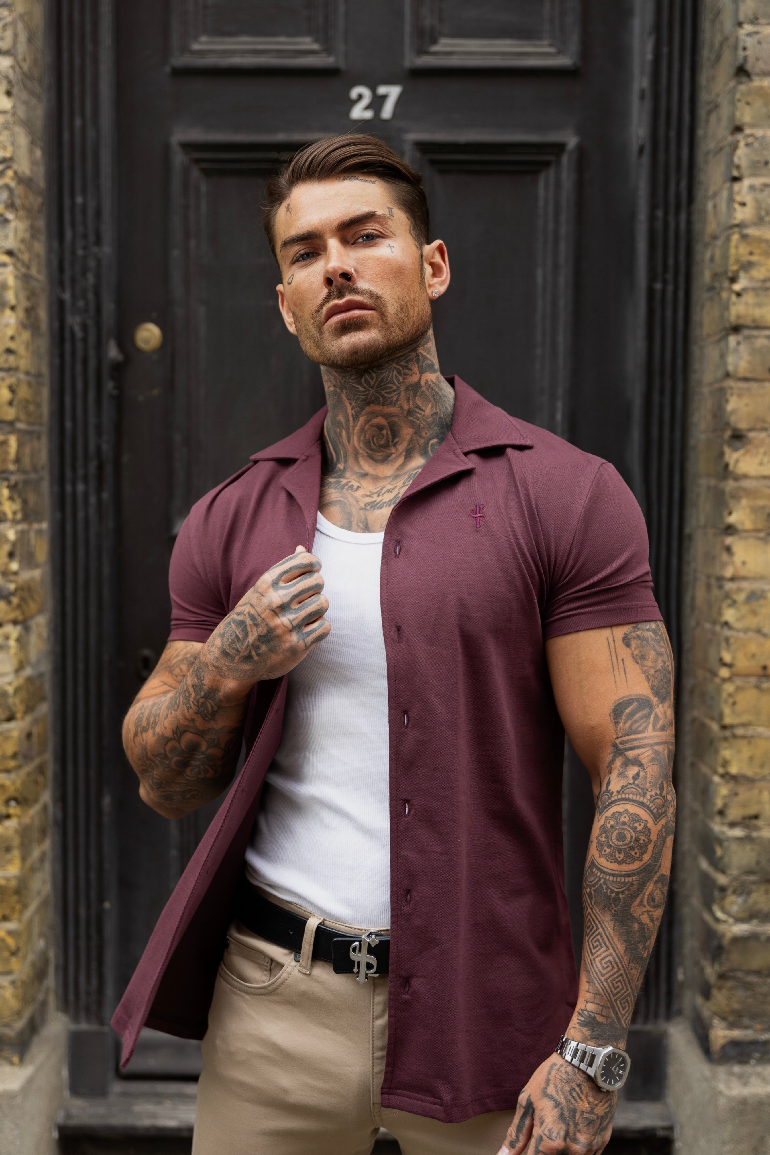 Stretch Burgundy Pique Revere Shirt Short Sleeve - FSH1079