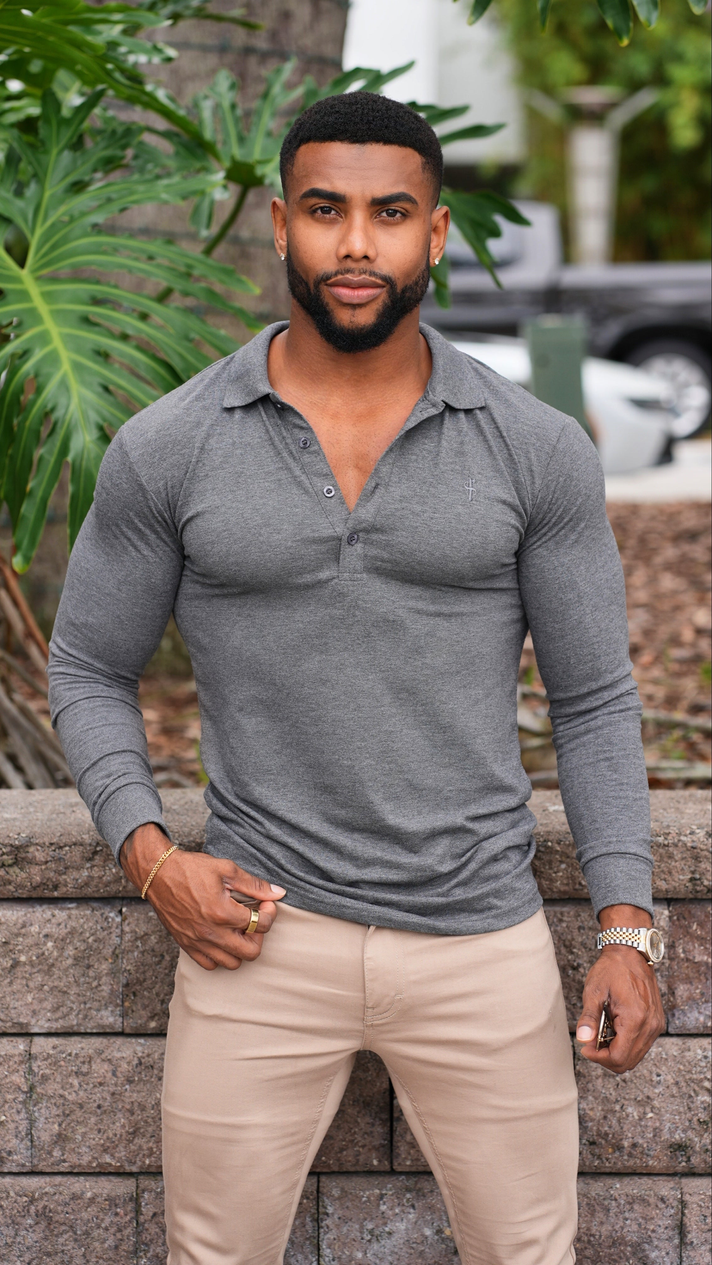 Classic Dark Grey Tonal Polo Long Sleeve Shirt - FSH860