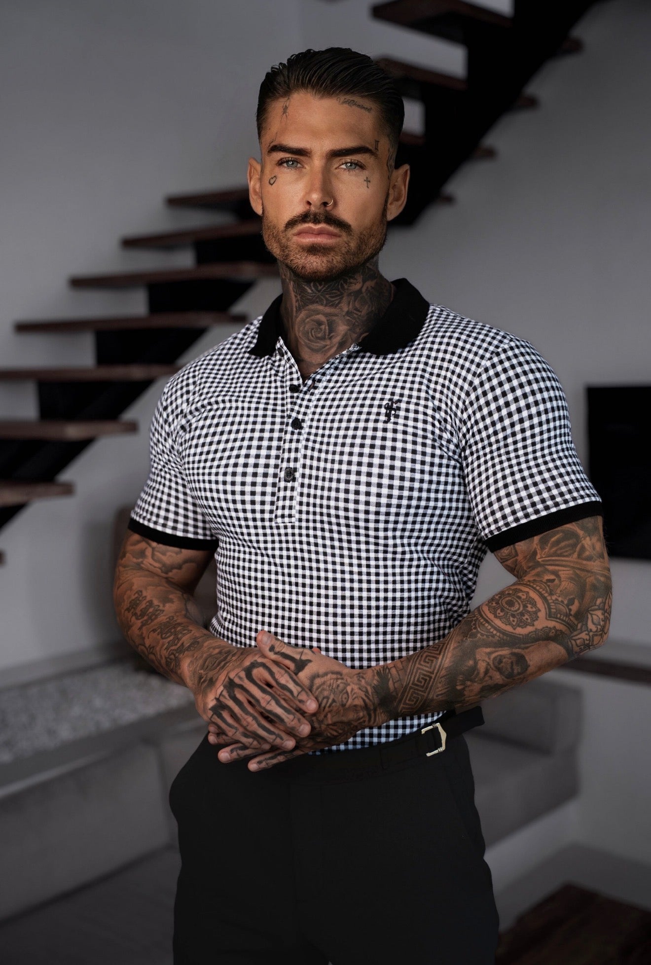 Black / Grey Printed Check Polo Shirt - FSH1261