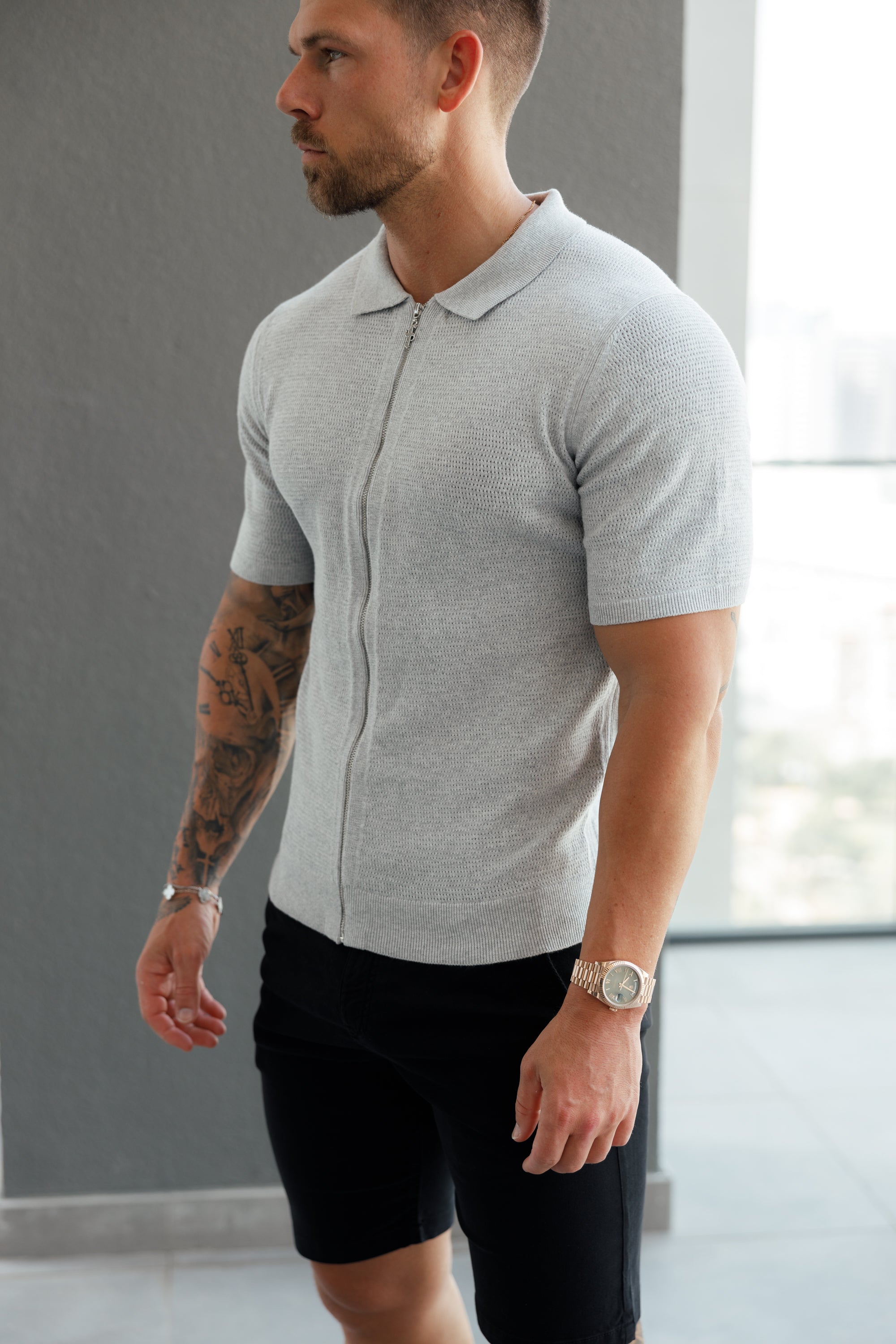Classic Knitted Textured Design With Full Length Zip Light Grey Short Sleeve - FSN154