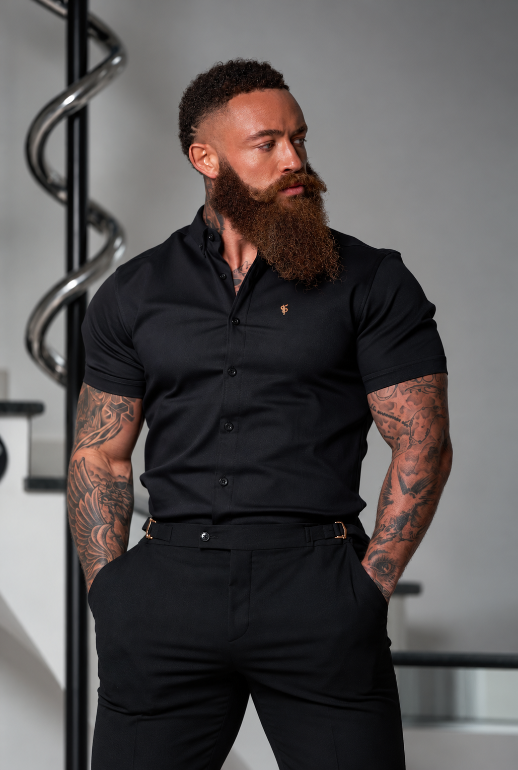 Super Slim Stretch Black Denim Short Sleeve with Gold Embroidery and Button Down Collar - FS1041