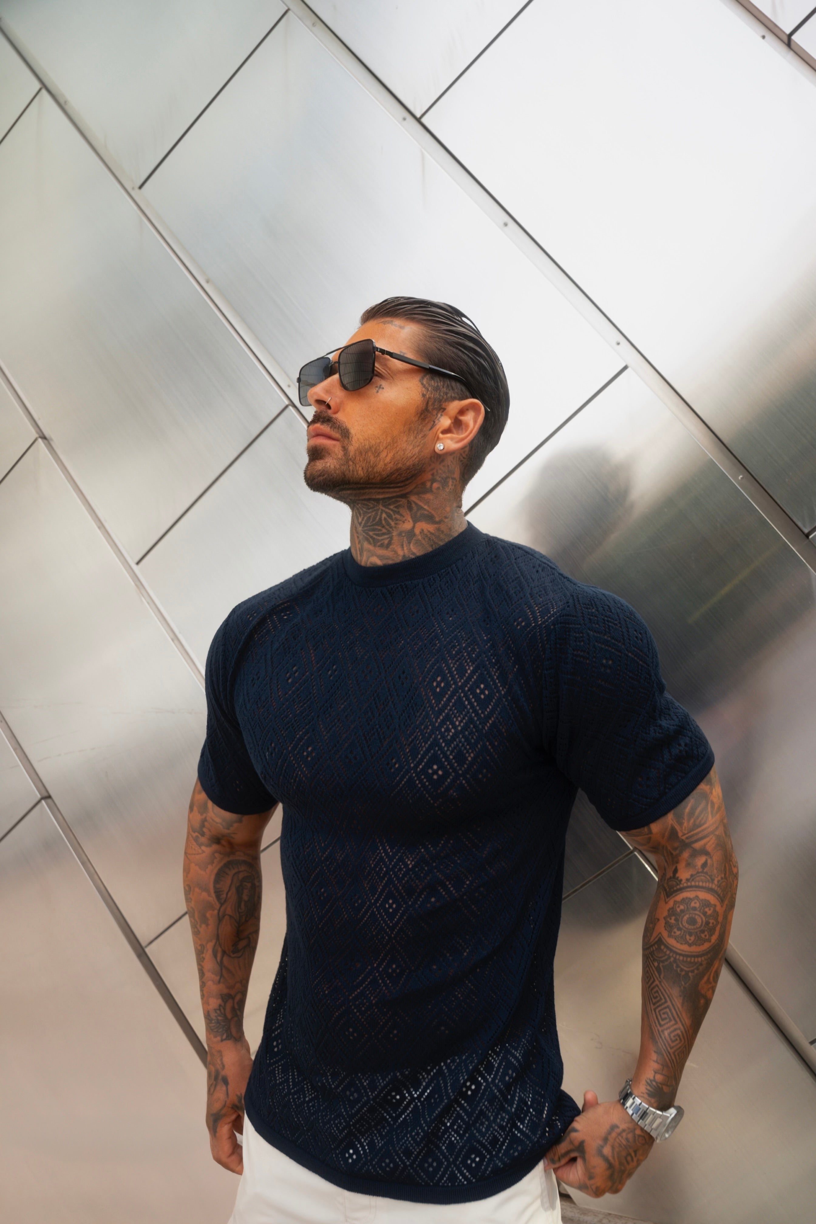 Crochet Crew T-Shirt Navy Short Sleeve - FSJ090